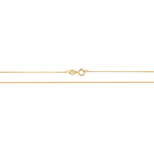The 9CT GOLD 16" FINE CURB CHAIN features a delicate yellow gold curb design with a small lobster clasp and jump ring closure, shown against a white background.