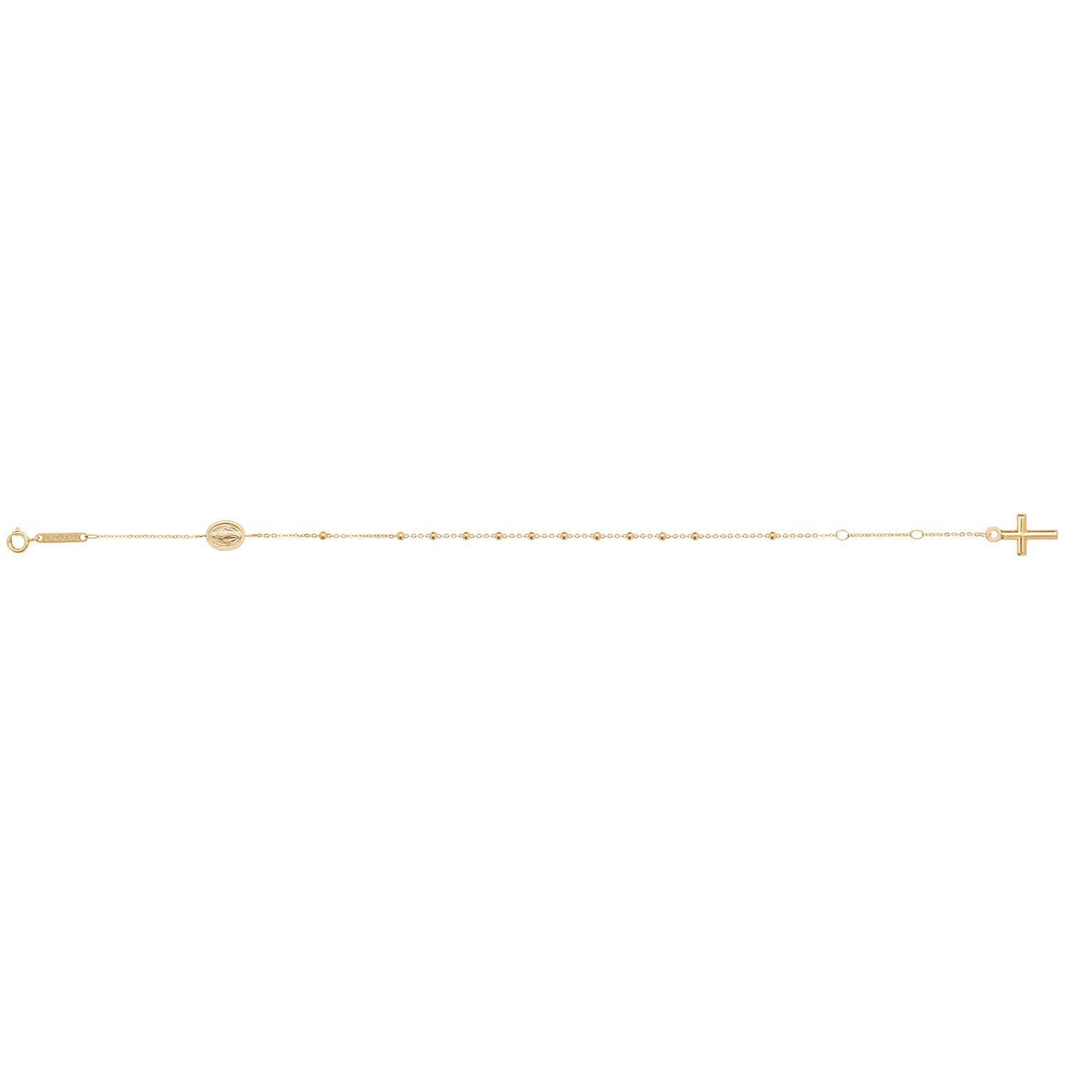 The 9CT GOLD LADIES ROSARY BRACELET 7.5" features small beads, a circular medal, and a cross charm on delicate yellow gold.