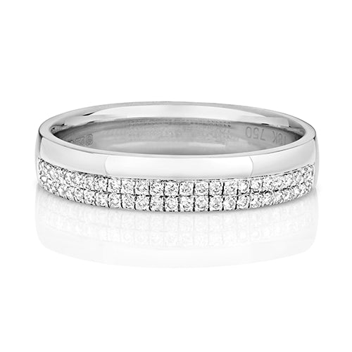 The 9CT White Gold 4mm Offset Wedding Band features two rows of sparkling diamonds set across the band, shown on a white reflective surface.