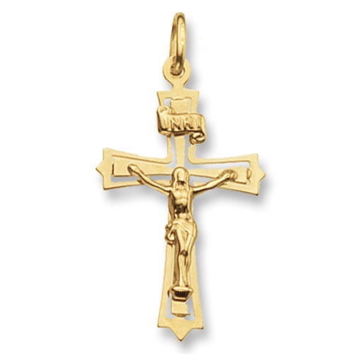 The 9CT GOLD FLAT CRUCIFIX CROSS is a yellow gold pendant featuring Jesus on the cross with an “INRI” plaque above, crafted in a classic crucifix style.