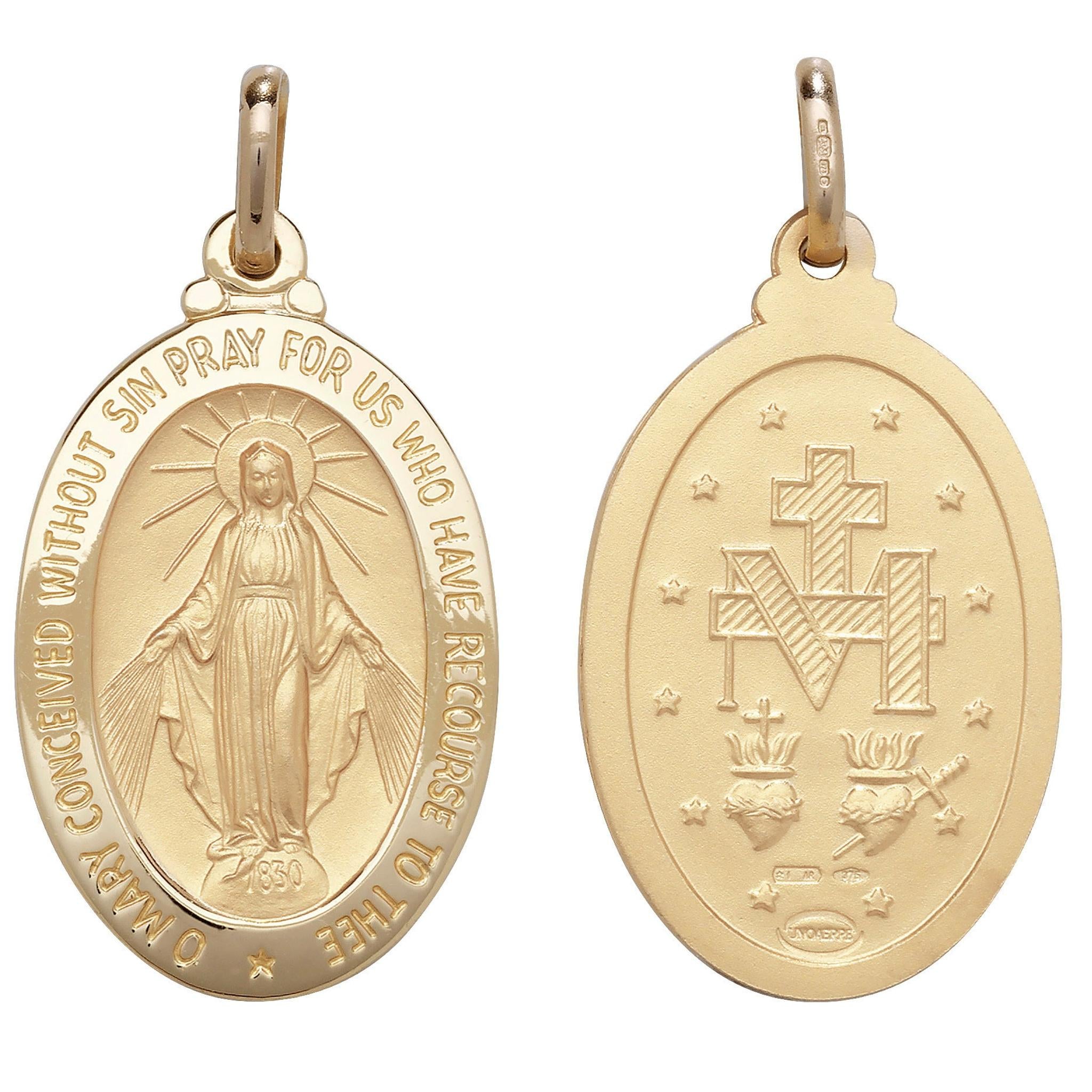 The 9CT GOLD EXTRA LARGE MIRACULOUS MEDAL features the Virgin Mary with rays on one side and symbols of the Immaculate Conception—cross, "M," two hearts, and stars—on the other.