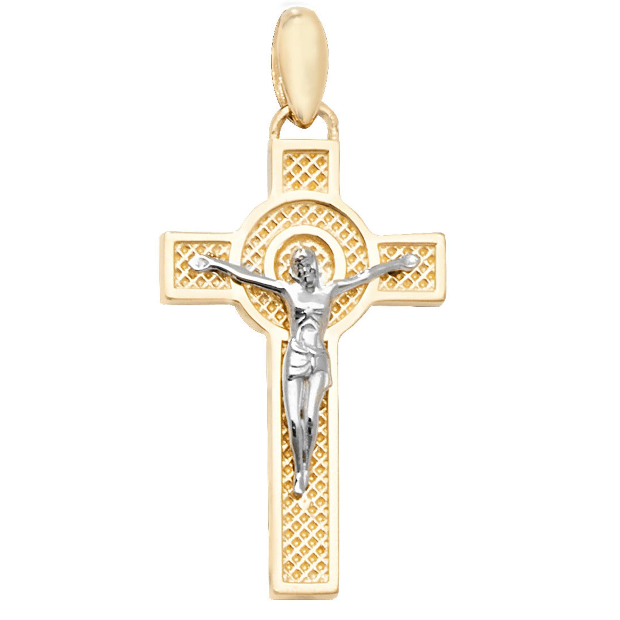 The 9CT GOLD 2 COL CRUCIFIX CROSS is a yellow gold and silver pendant featuring Jesus on a textured cross, complete with a top loop for attaching to a chain.