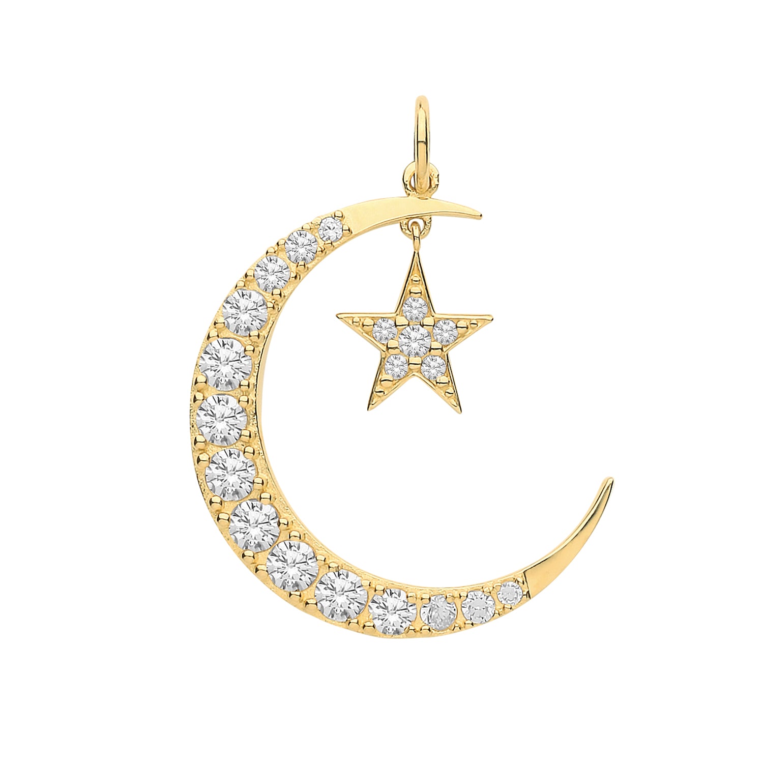 The 9CT GOLD CUBIC ZIRCONIA MOON & STAR PENDANT features a CZ stone-encrusted crescent moon with a small diamond-studded star charm hanging inside.