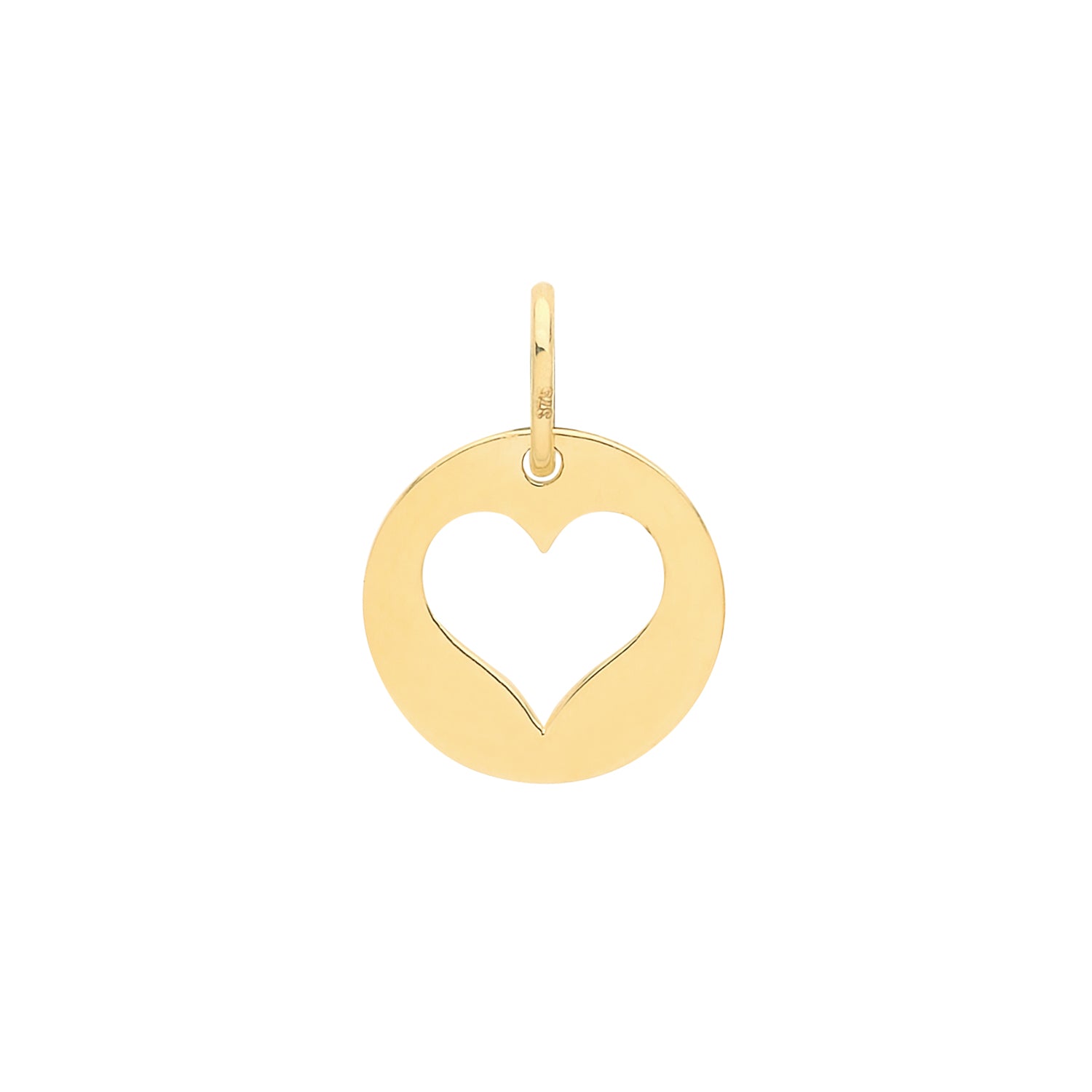 The 9CT GOLD MINI DISC CUT OUT HEART PENDANT features a gold circular disc with a heart-shaped cutout and a top loop, bringing an elegant, delicate touch to any necklace.