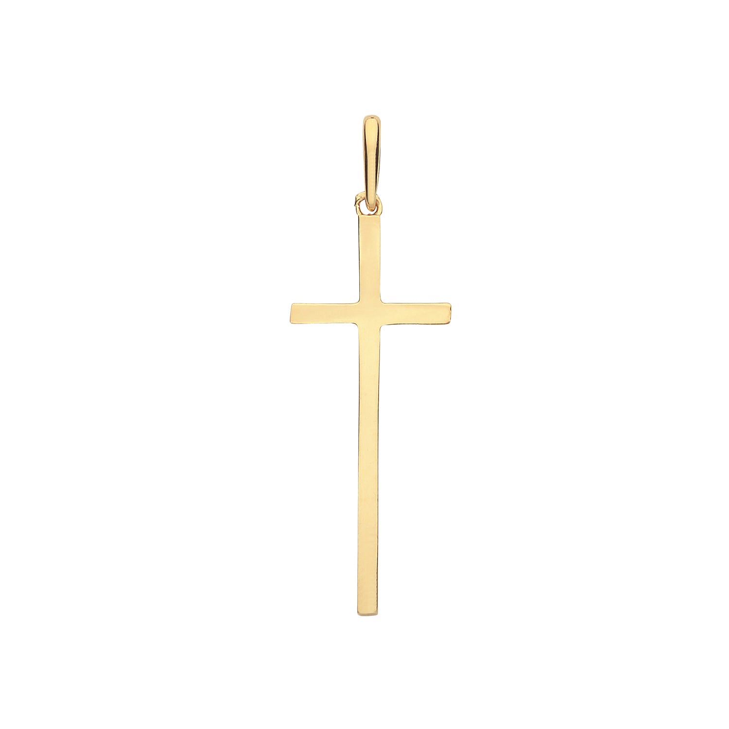 The 9CT GOLD LONG THIN CROSS PENDANT is crafted in 9ct yellow gold, featuring a slender vertical and horizontal bar design with a small top loop for easy attachment to your favorite chain.