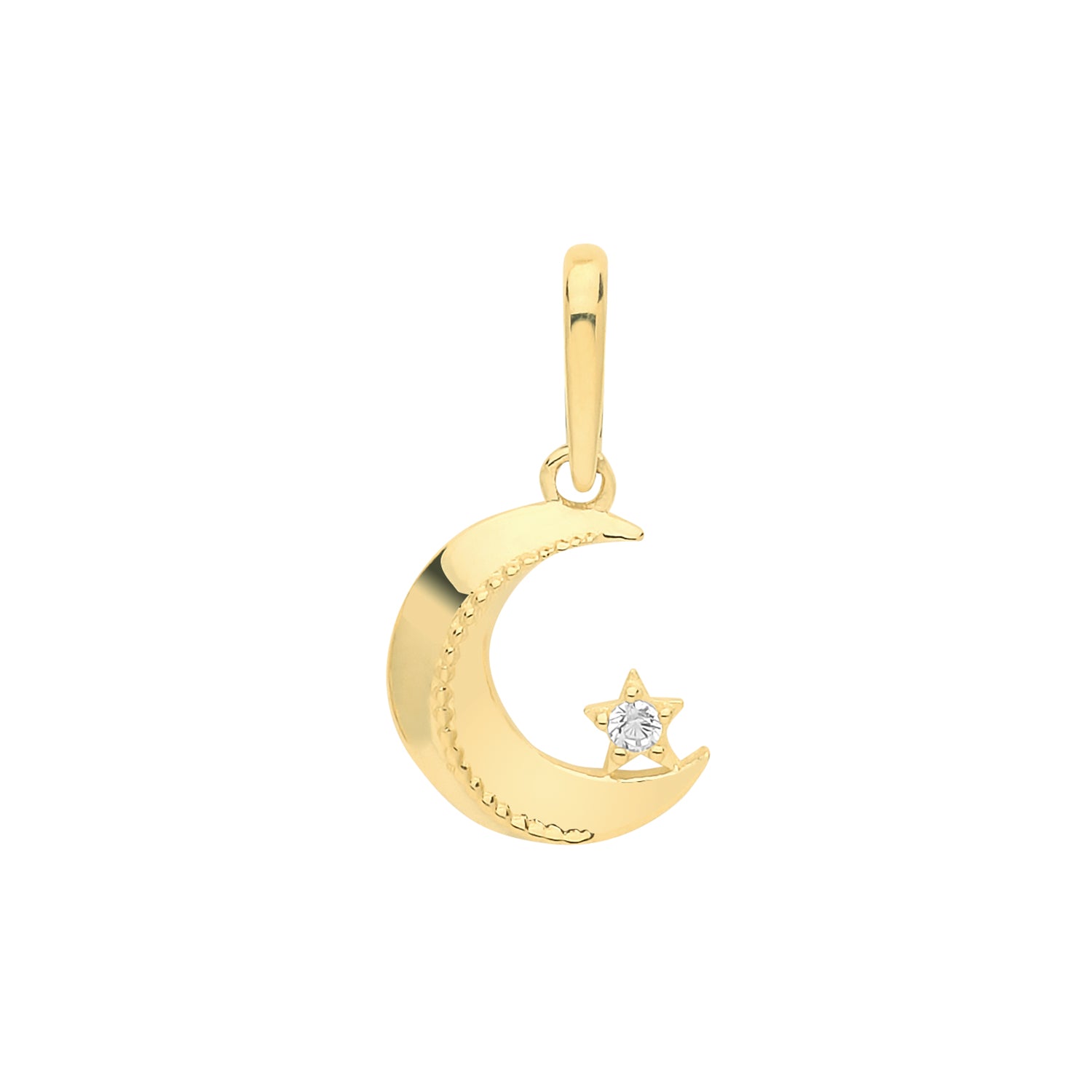 The 9CT GOLD MINI CZ MOON & STAR PENDANT features a yellow gold crescent moon set with CZs and a delicate star charm with a clear gemstone, all attached to a simple bail.