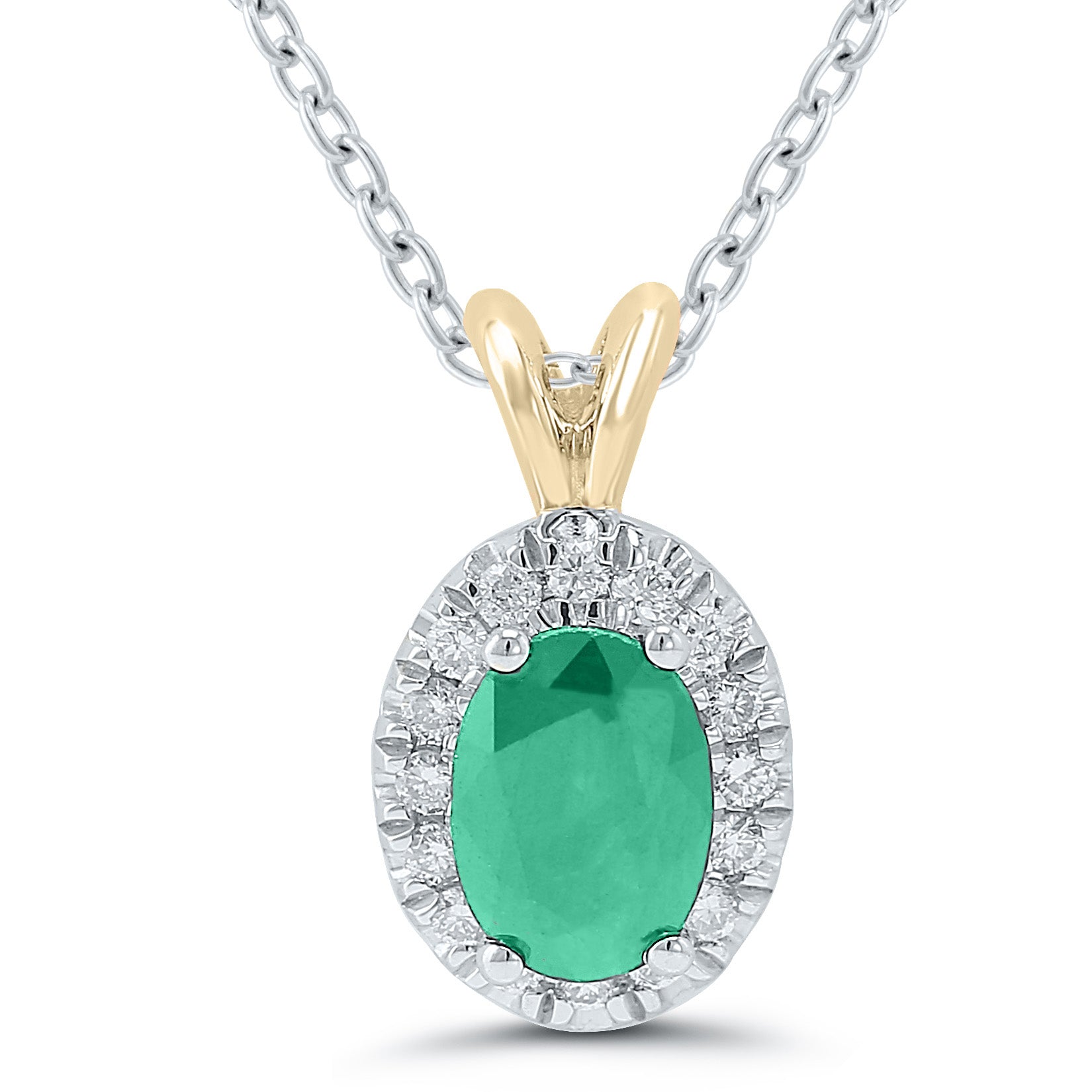 A 9ct yellow gold pendant featuring an oval cluster emerald surrounded by diamonds (0.07ct total), on a silver chain with a gold bale.