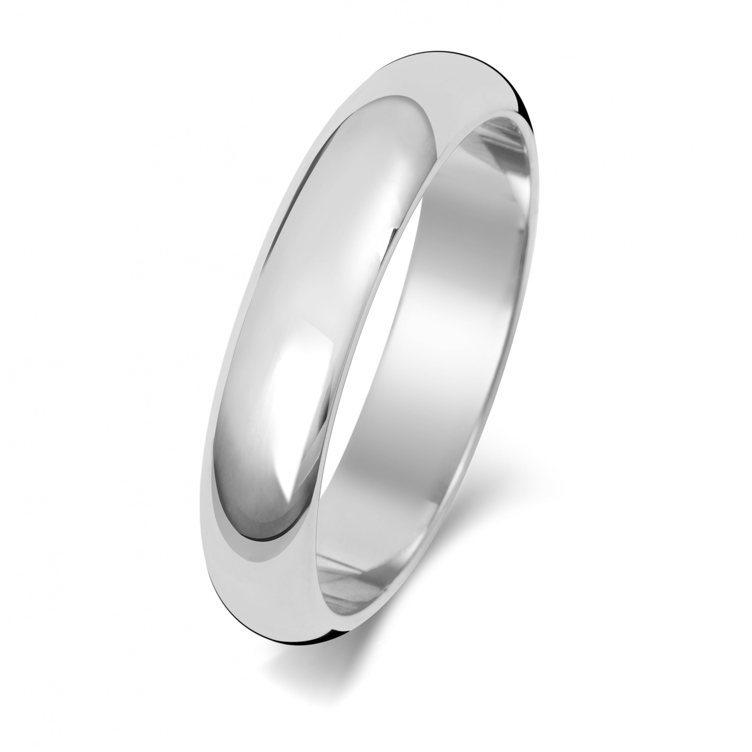 The 9ct White Gold 4mm D Shape Wedding Band features a plain, polished, smooth, rounded design and is photographed against a white background.