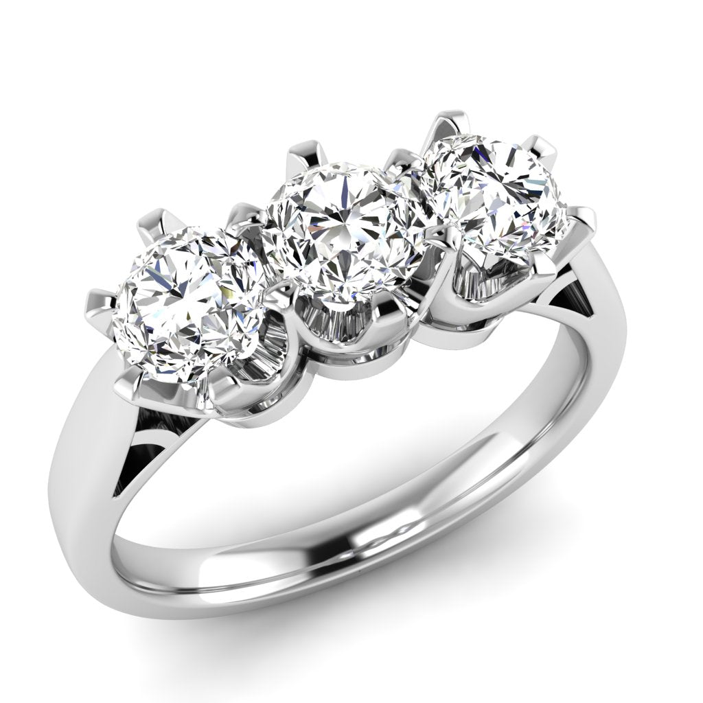 The 9ct White Gold Diamond Three Stone Trilogy Ring 0.50ct showcases three brilliant-cut diamonds, each prong-set in a row on a sleek, plain white gold band.