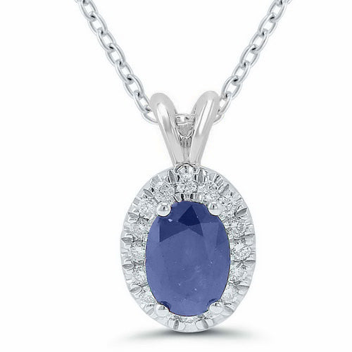 This 9ct white gold pendant showcases an oval sapphire encircled by a cluster of diamonds (0.13ct), all set in a polished frame and hung from a fine chain.