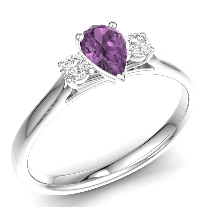 A 9ct yellow gold ring with a pear-shaped amethyst center stone, accented by two round diamonds on either side.