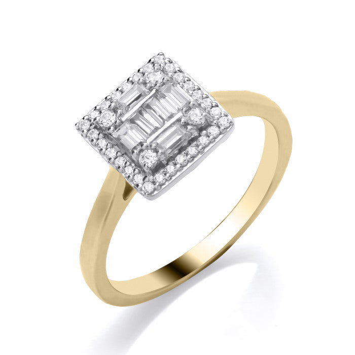 The 9ct Yellow Gold Baguette Diamond Ring 0.33ct features a square cluster setting with sparkling baguette and round white diamonds, making it a timeless and elegant certified diamond ring choice.