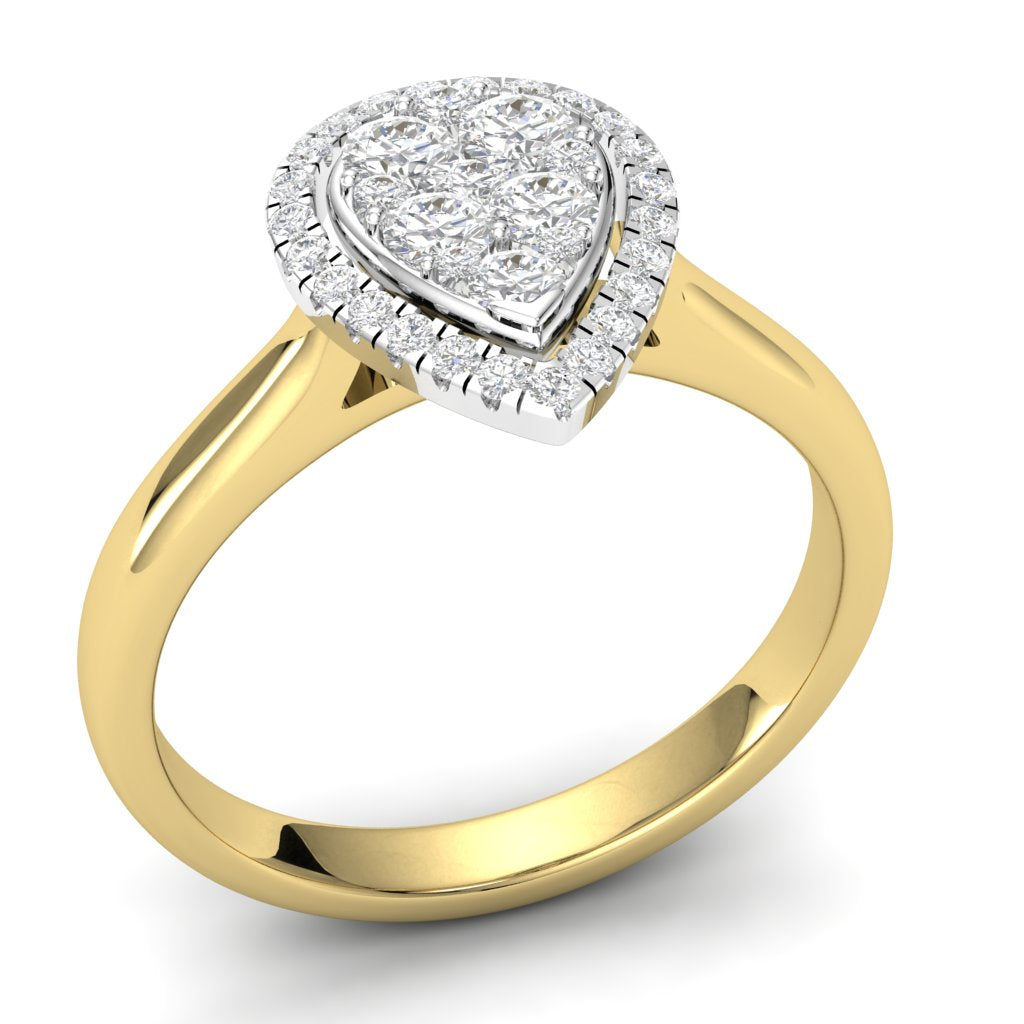 The 9ct Yellow Gold Pear Shape Diamond Halo Ring 0.35ct features a diamond-encrusted setting with a shimmering halo, all SGL Certified for quality and brilliance.