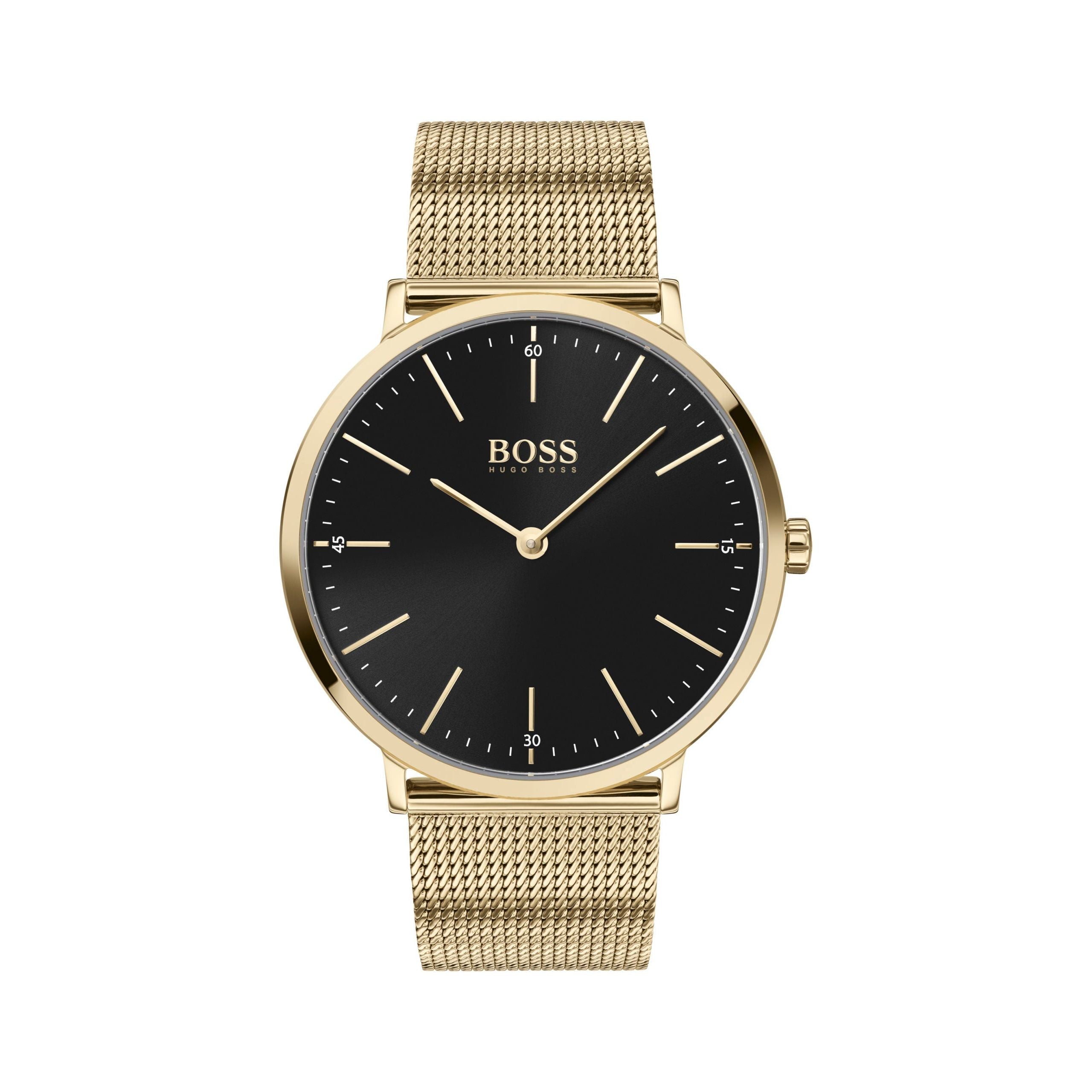 The Hugo Boss 1513735 Horizon Mens watch features a gold wristwatch with a black face, minimalist gold hour markers, a gold mesh band, and the "BOSS" logo on the dial.