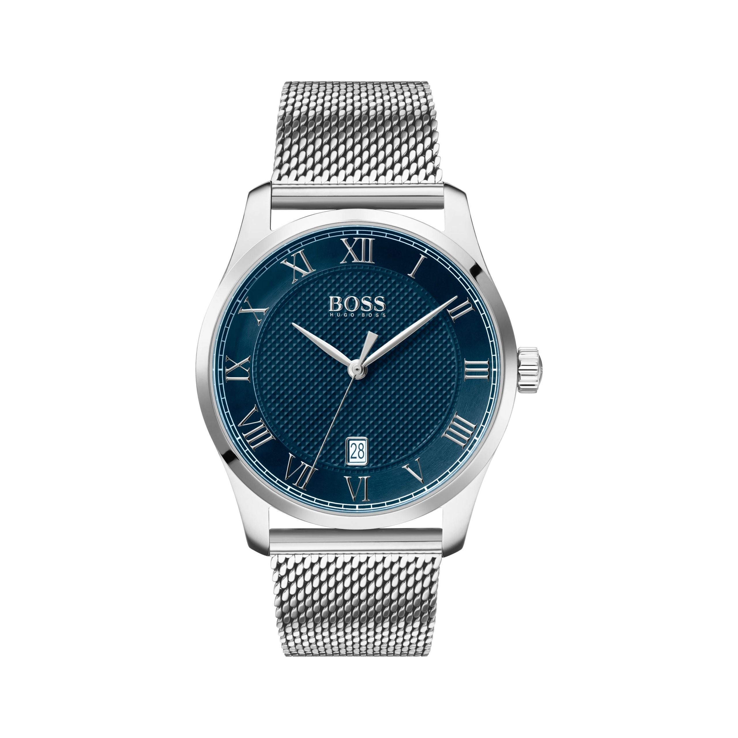 The HUGO BOSS Mens Master Mesh Strap Watch 1513737 features a silver mesh band, blue textured dial with Roman numerals, date display at 6 o'clock, and "BOSS" branding on the face.