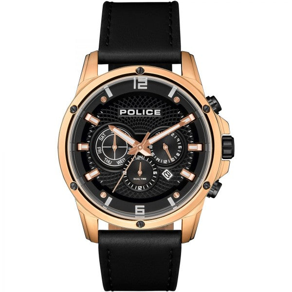 The Police Men's 15525JSR/02 Rose Gold Tone Shandon Watch features a black leather strap, rose gold-tone case, black dial with three subdials, and silver hour markers—a bold, stylish choice for any occasion.