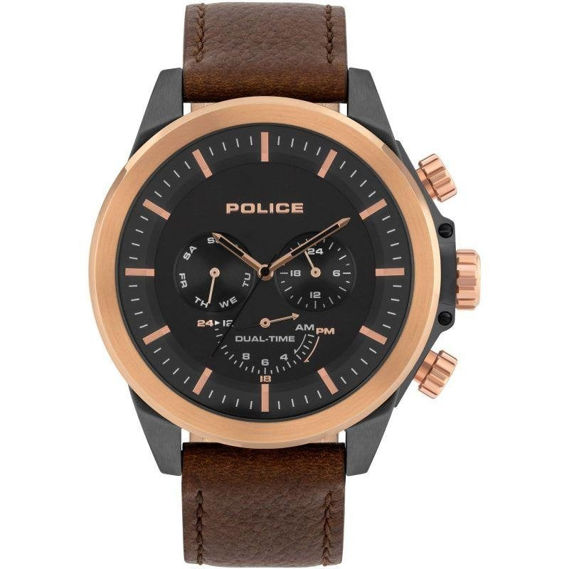 The Police Men's 15970JSUR/02 Belmont watch features a black case, brown leather strap, and multiple dials for dual time and 24-hour display.