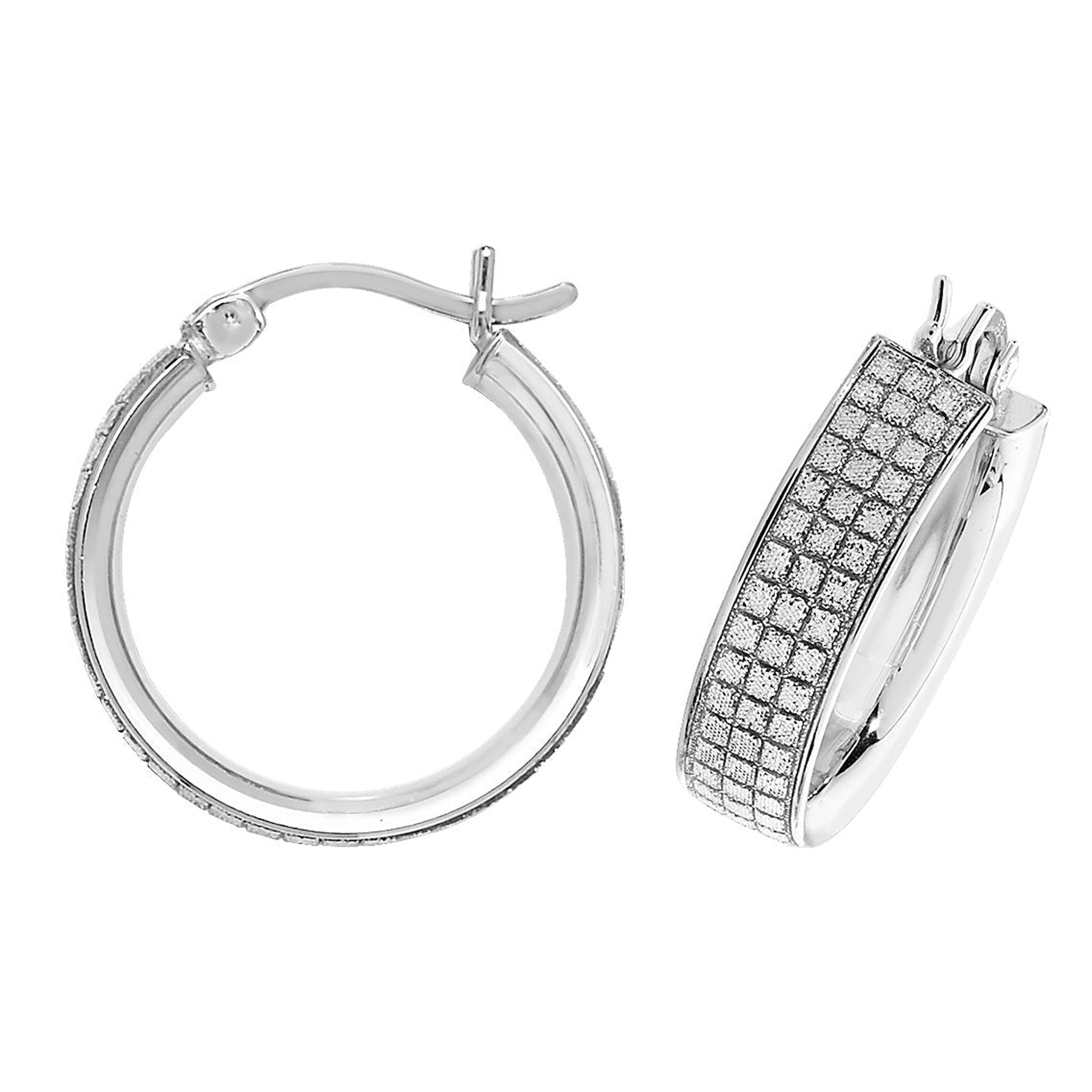 A pair of STERLING SILVER 15MM GLITTER WEDDING BAND STYLE HOOP EARRINGS, each with a sparkling grid of clear stones on the front—one hoop shown open, one closed.