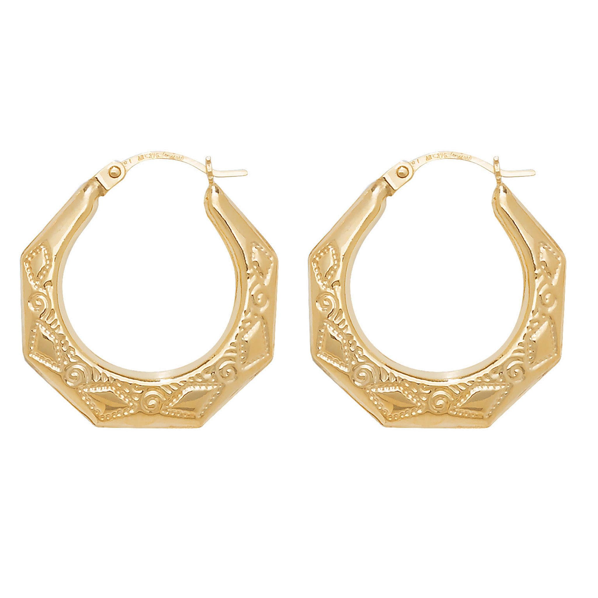 9ct Gold Round Harlequin Creole Earrings featuring engraved patterns add a unique twist to classic gold hoops.