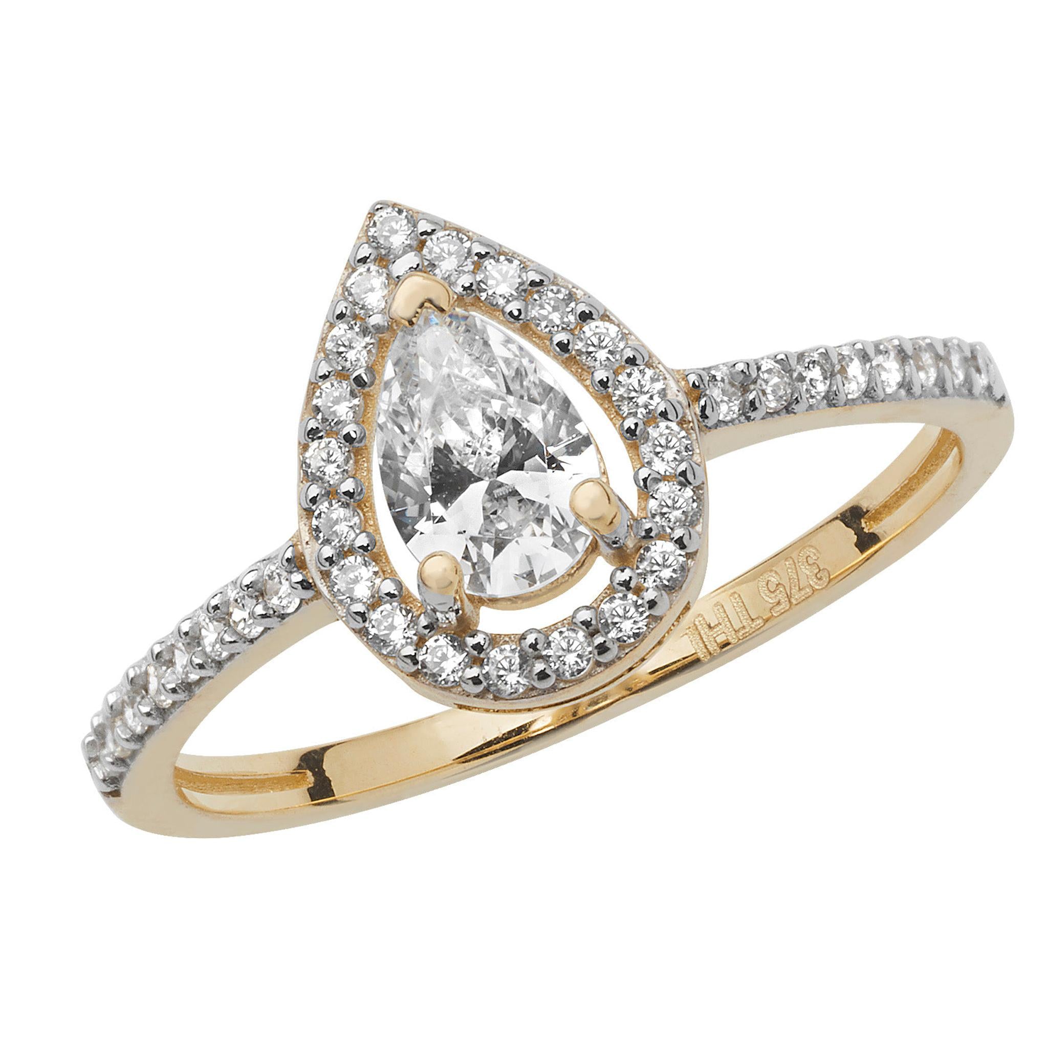 The 9ct Gold Cubic Zirconia Peardrop Cluster Ring features a striking pear-shaped central cubic zirconia, surrounded by a halo of smaller stones and additional gems set along the gold band.