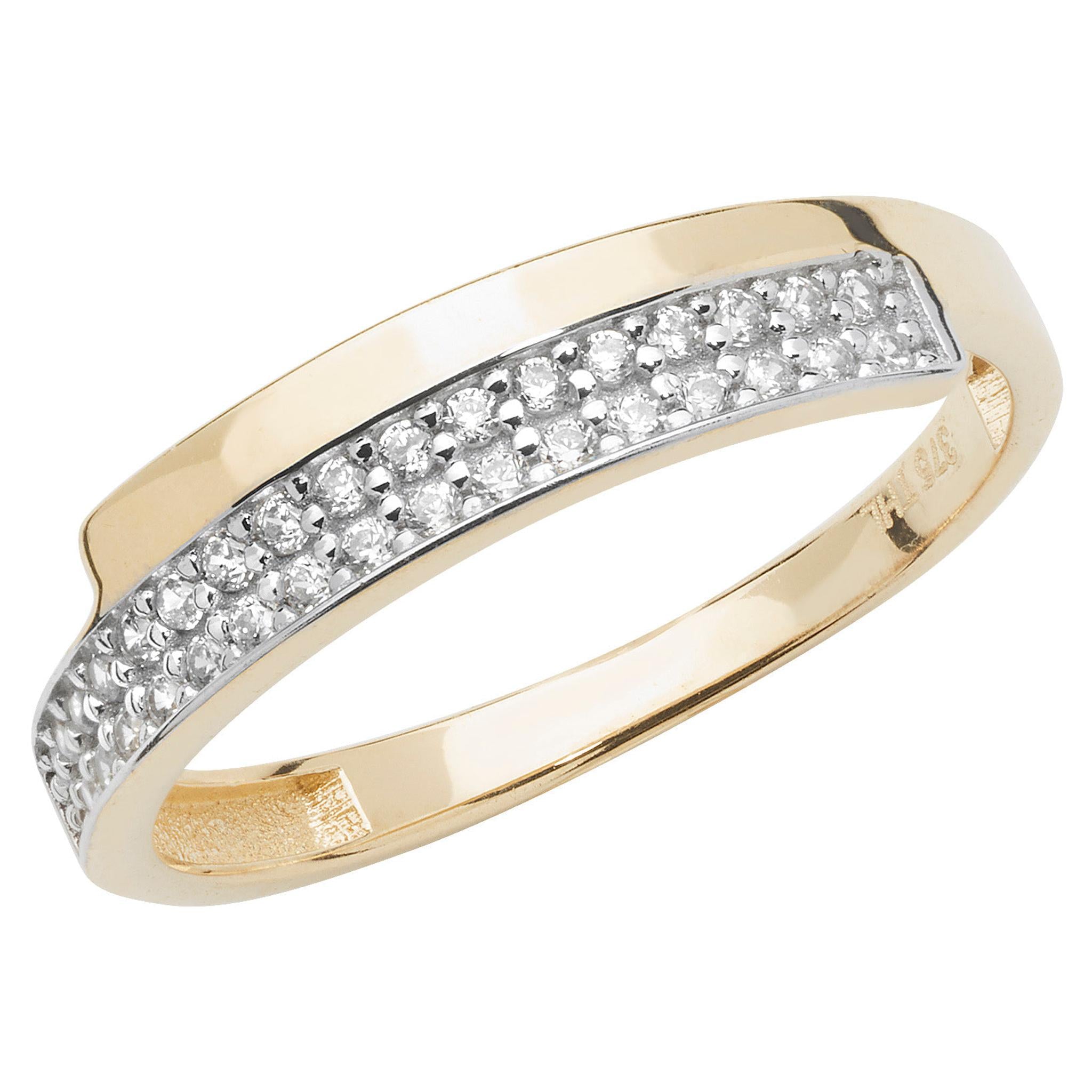 A 9ct gold crossover band style dress ring for ladies, set with sparkling cubic zirconia stones.
