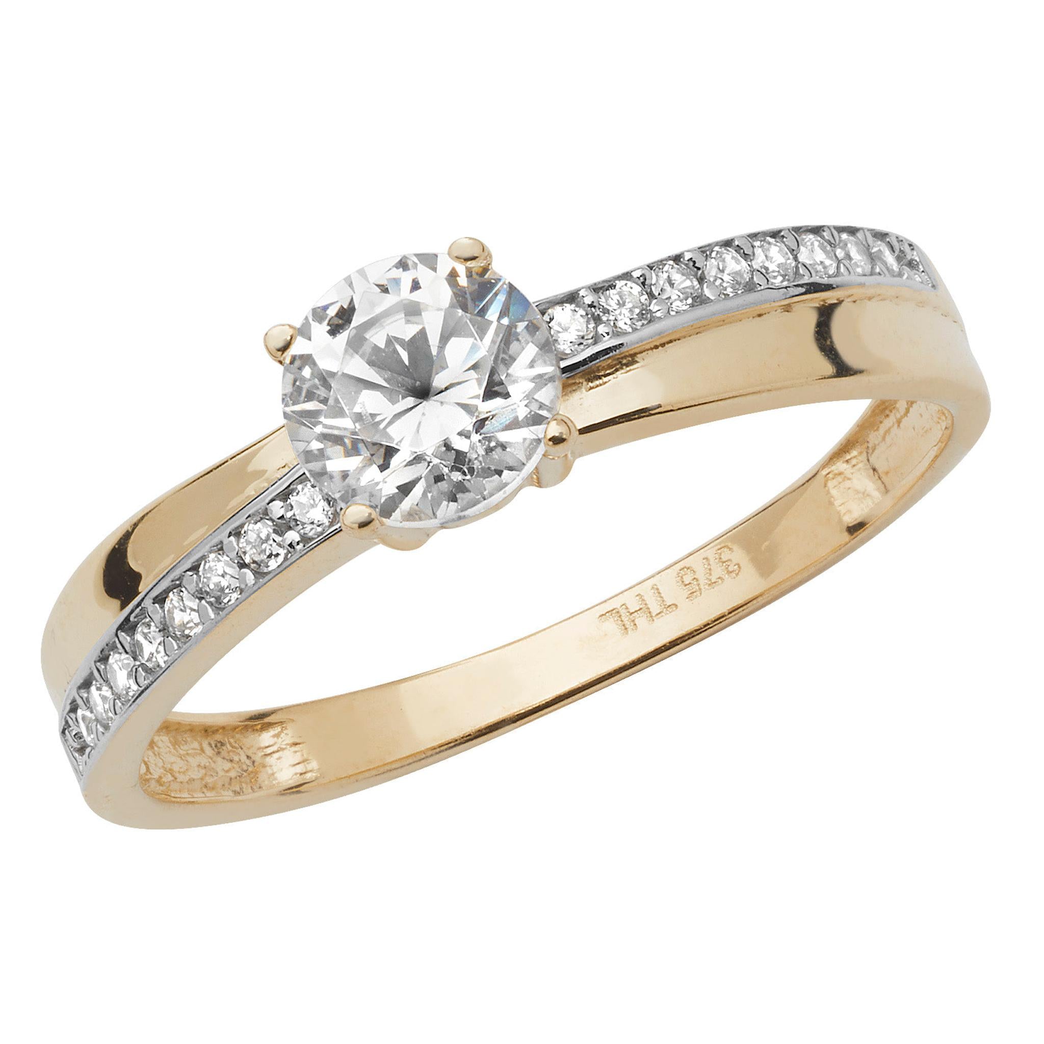 The 9CT GOLD LADIES CUBIC ZIRCONIA SOLITAIRE OFFSET CZ TWIST SHOULDER RING showcases a brilliant round solitaire center with accent stones on a stylish gold band—an elegant choice for any occasion.