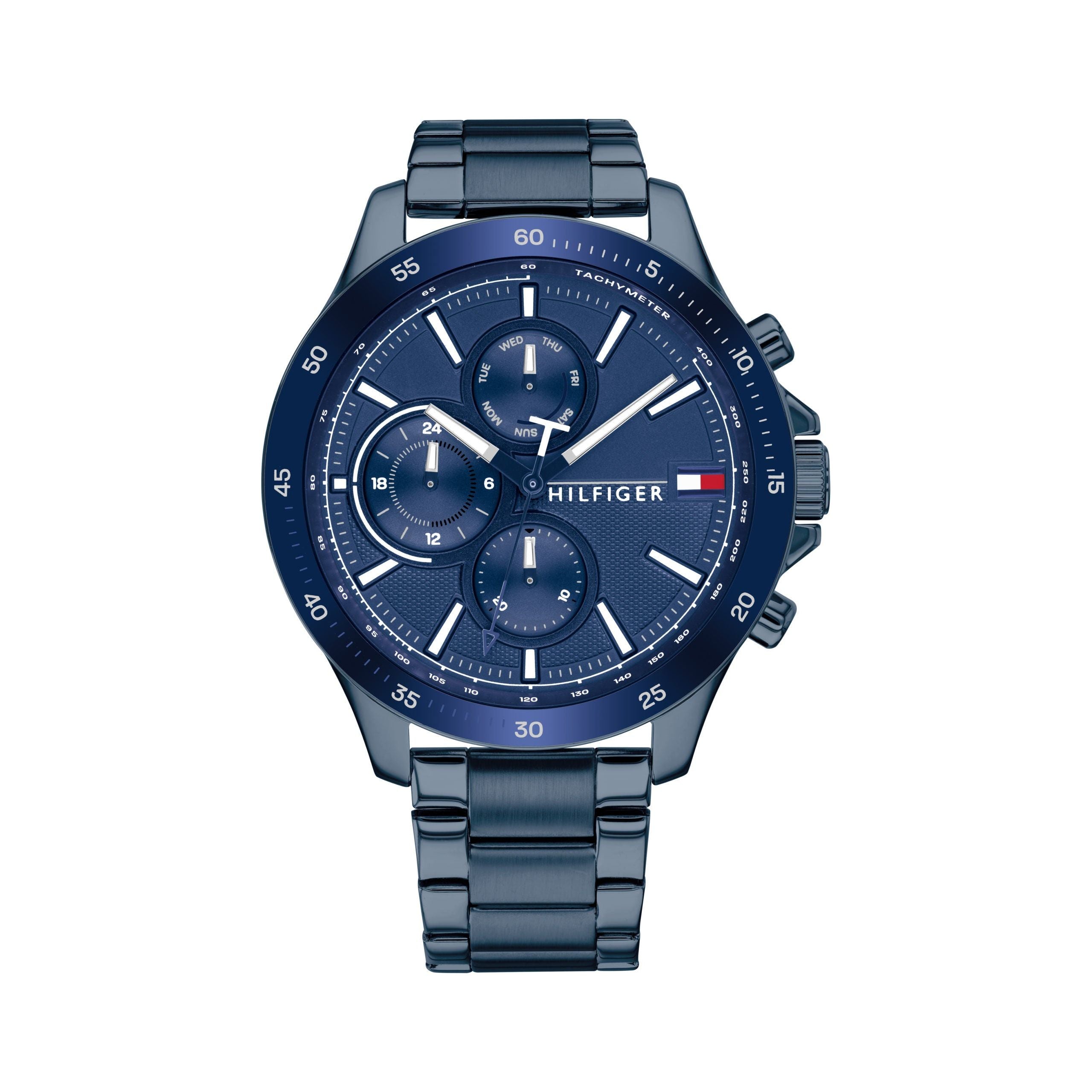 The TOMMY HILFIGER GENTS BLUE STEEL WATCH BANK 1791720 features a chronograph with three subdials, a date window, metal link band, and the signature Hilfiger logo on the dial.