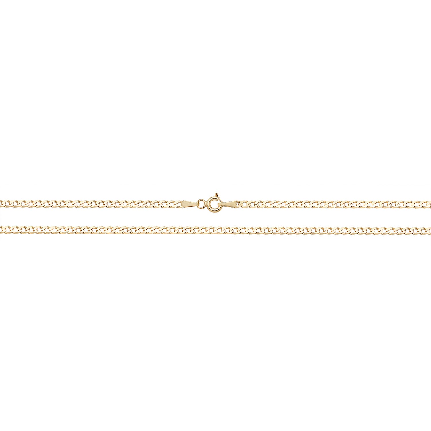 The 9CT GOLD 20" BEVELED EDGE CURB CHAIN features a slim yellow gold design with a small clasp, displayed flat on a white background.