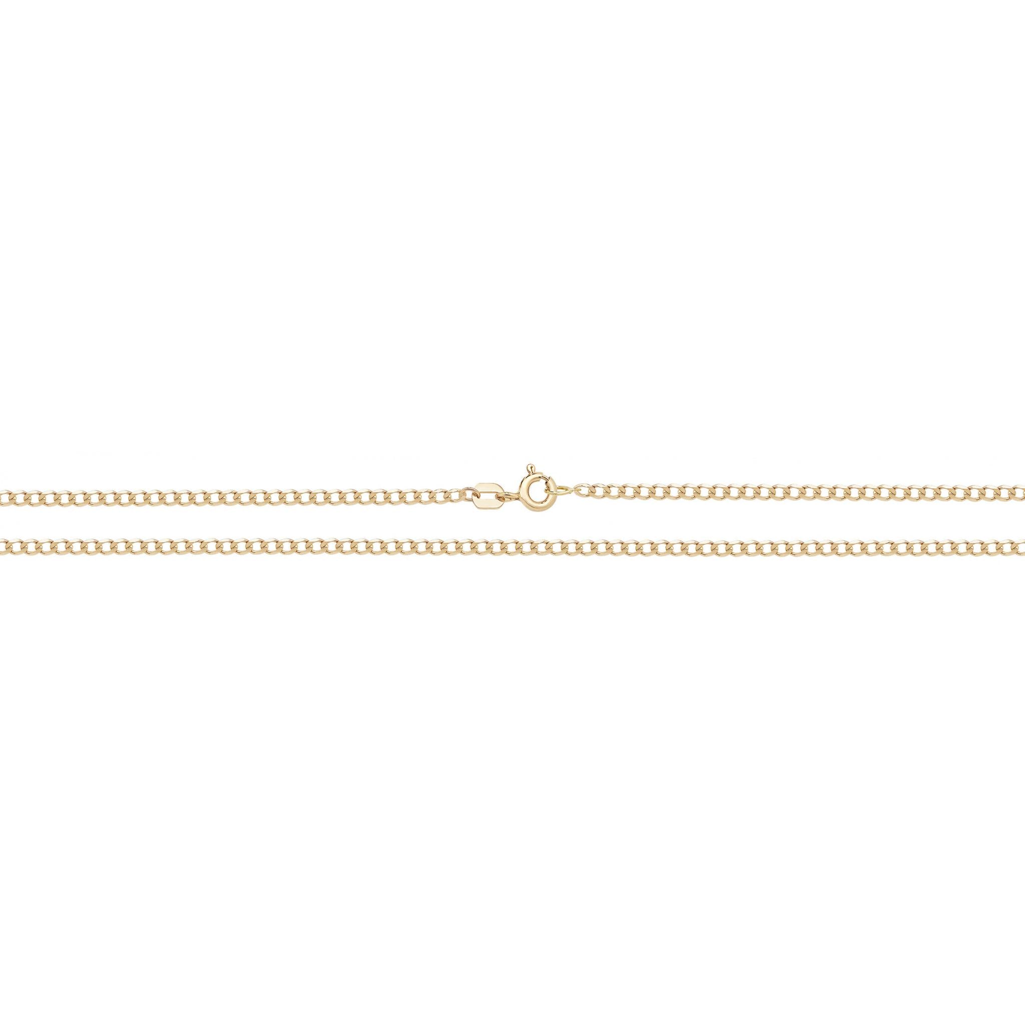 A 20" flat curb chain necklace in 9ct gold, featuring a small spring ring clasp, displayed straight on a white background.