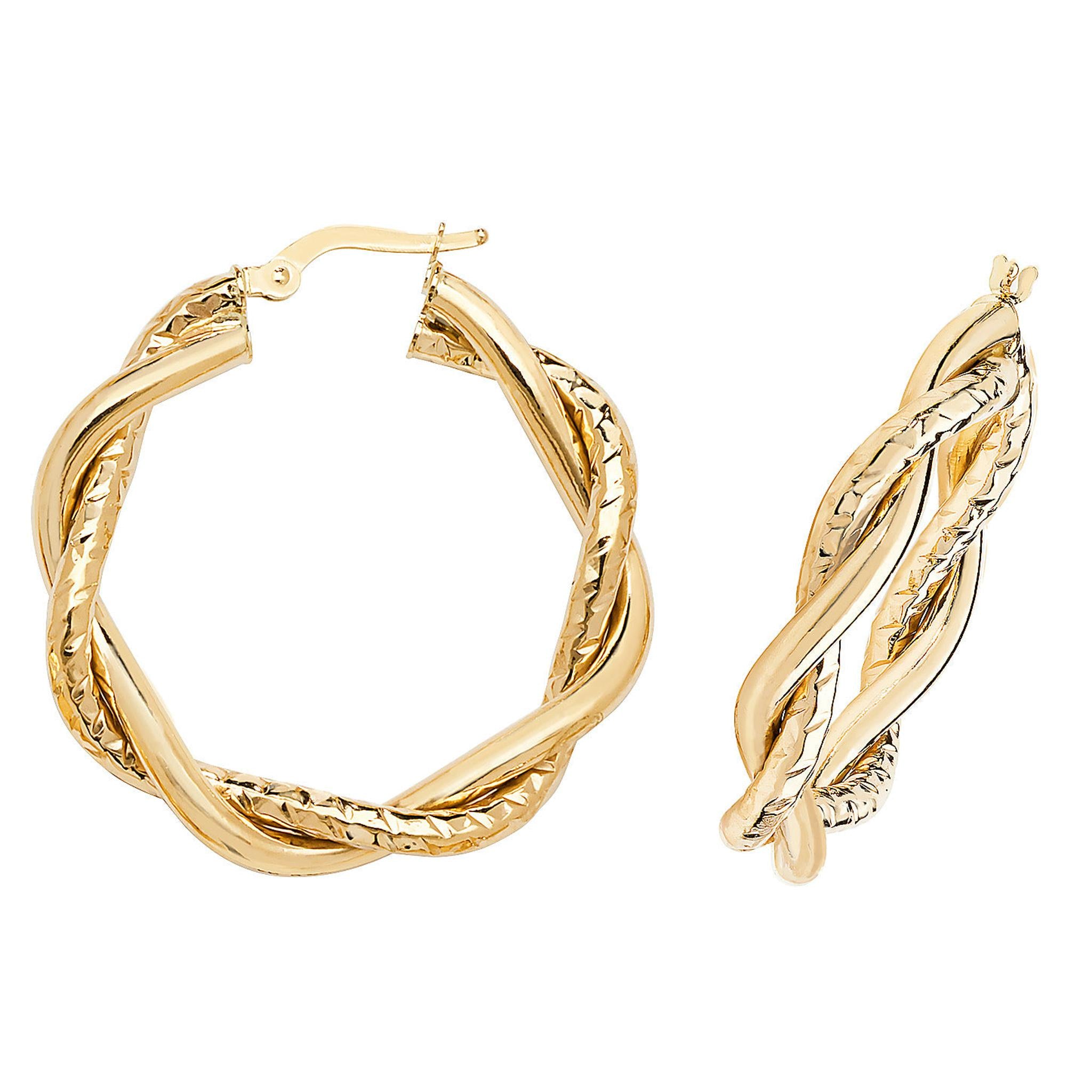 The 9ct Gold Double Tube Diamond Cut Twist Creole Hoop Earrings feature a braided design with textured and smooth finishes, measuring 25mm, shown from front and side angles.