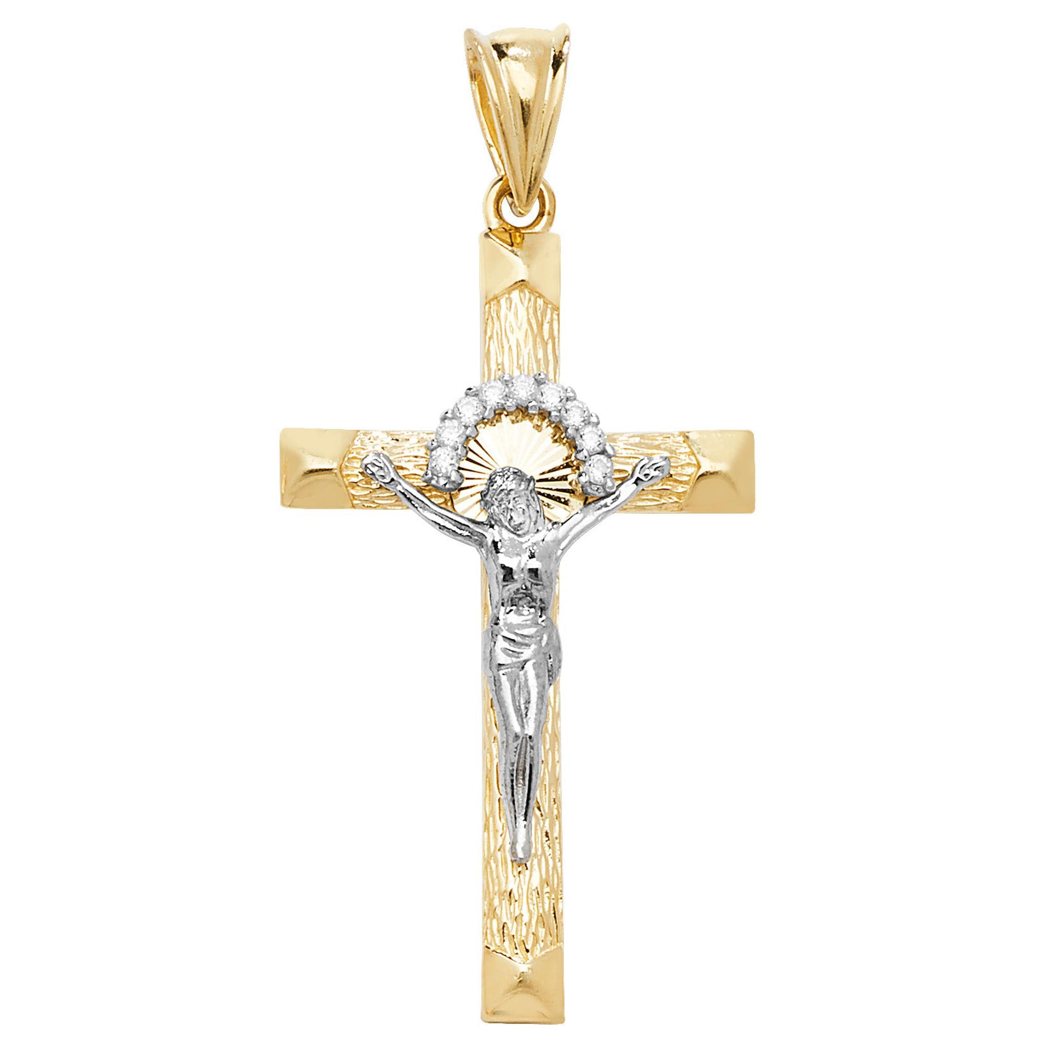The 9ct two-color yellow and white gold crucifix features CZ stones, a bark effect, and Jesus on the cross with elegant textured detailing.