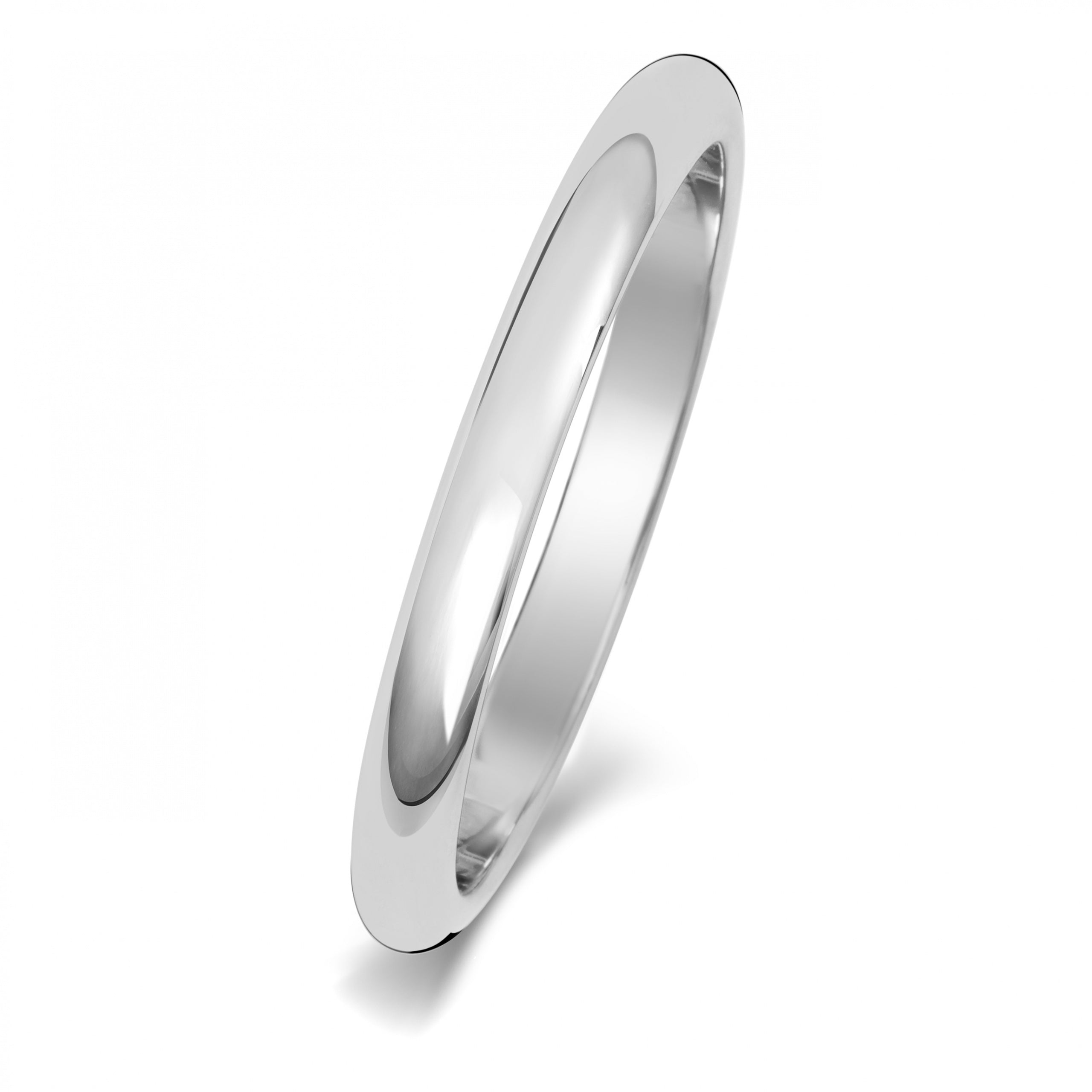 The 9CT WHITE GOLD 2MM D SHAPE WEDDING RING features a polished, smooth surface and classic D-shape design, shown on a white background.