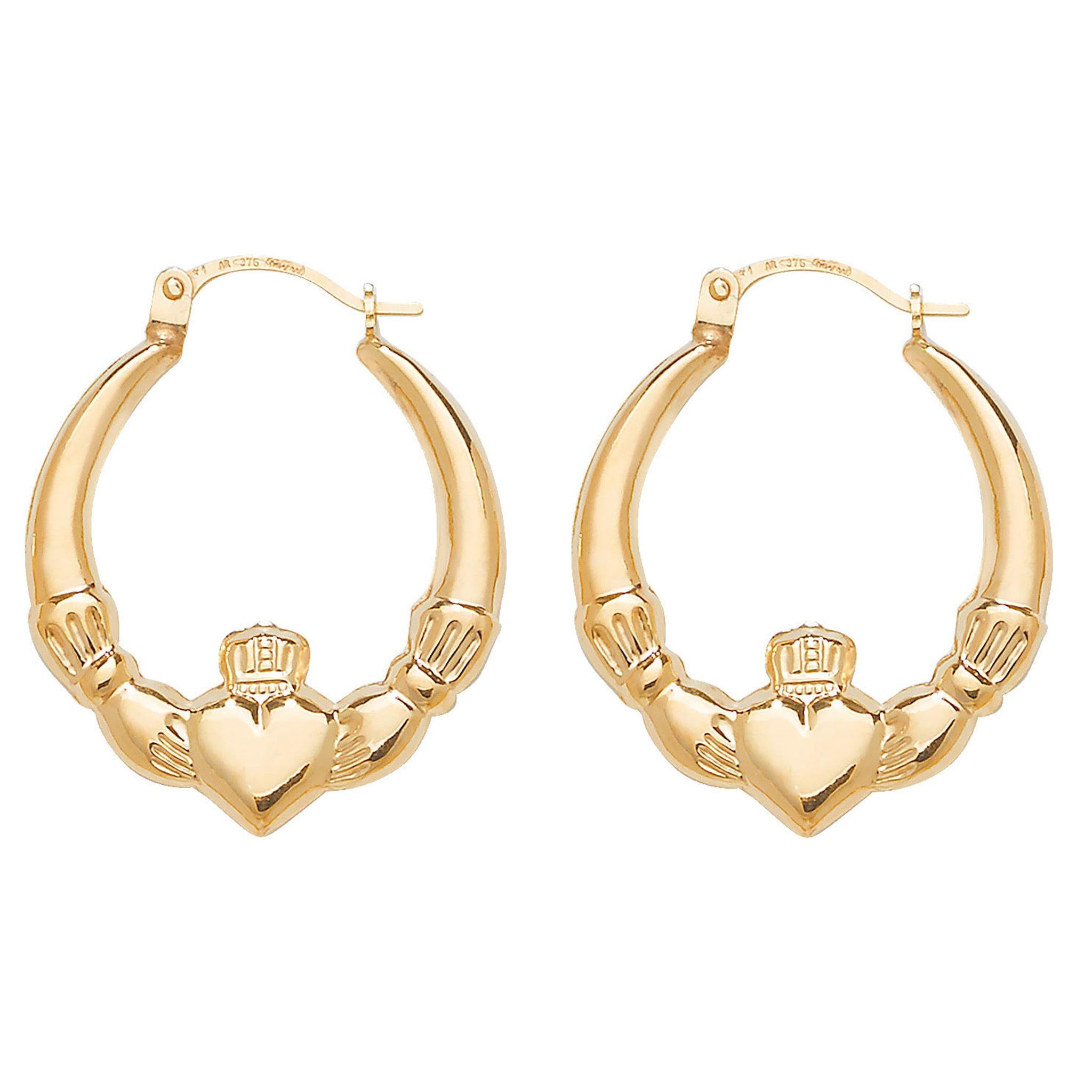 The 9CT GOLD MEDIUM FLAT IRISH CLADDAGH CREOLE EARRINGS feature the classic Claddagh motif—hands holding a crowned heart—for a touch of timeless Irish elegance.