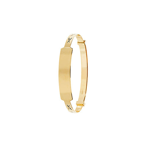 The 9CT GOLD DIAMOND CUT EXPANDER BABY BANGLE features a plain central plate with engraved X patterns on each side, shown against a white background. This engravable ID bangle makes a perfect keepsake or thoughtful gift.