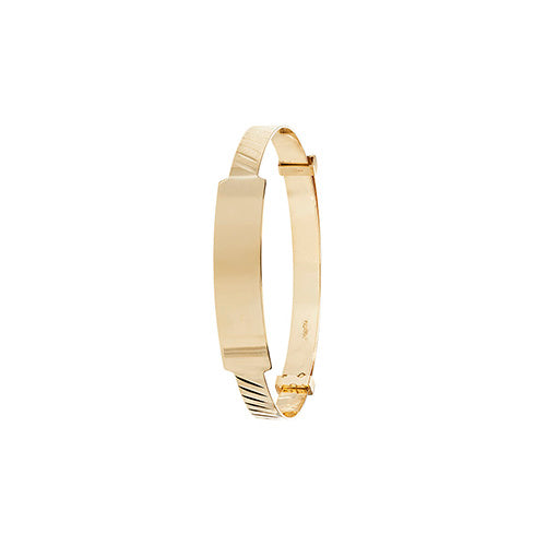 The 9CT GOLD 4MM BABY EXPANDER ID BANGLE features a plain design with a rectangular engravable plate in the center and a subtle detail near the clasp, shown on a white background.