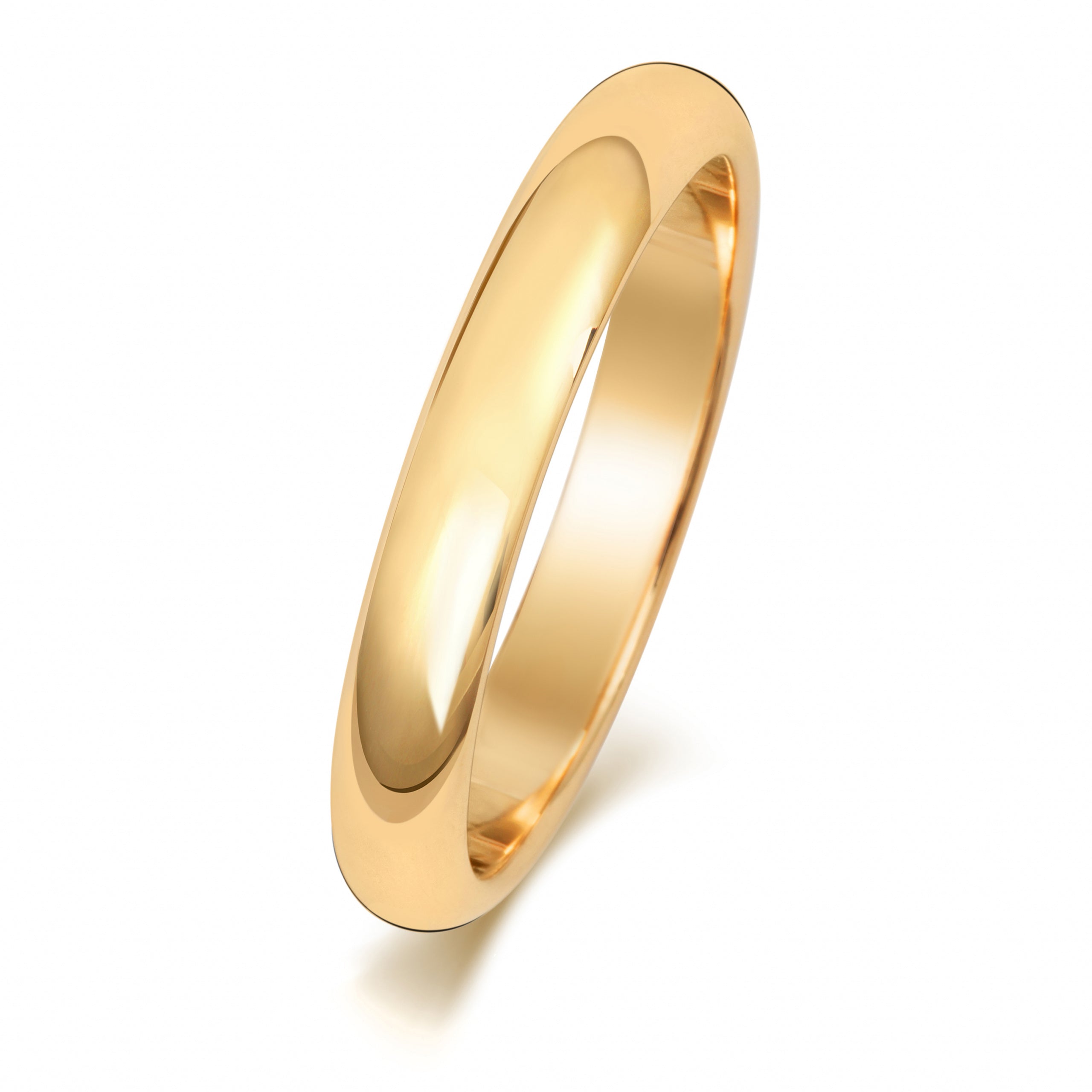 A 9ct yellow gold 3mm D shape wedding ring with a polished finish, shown against a white background.