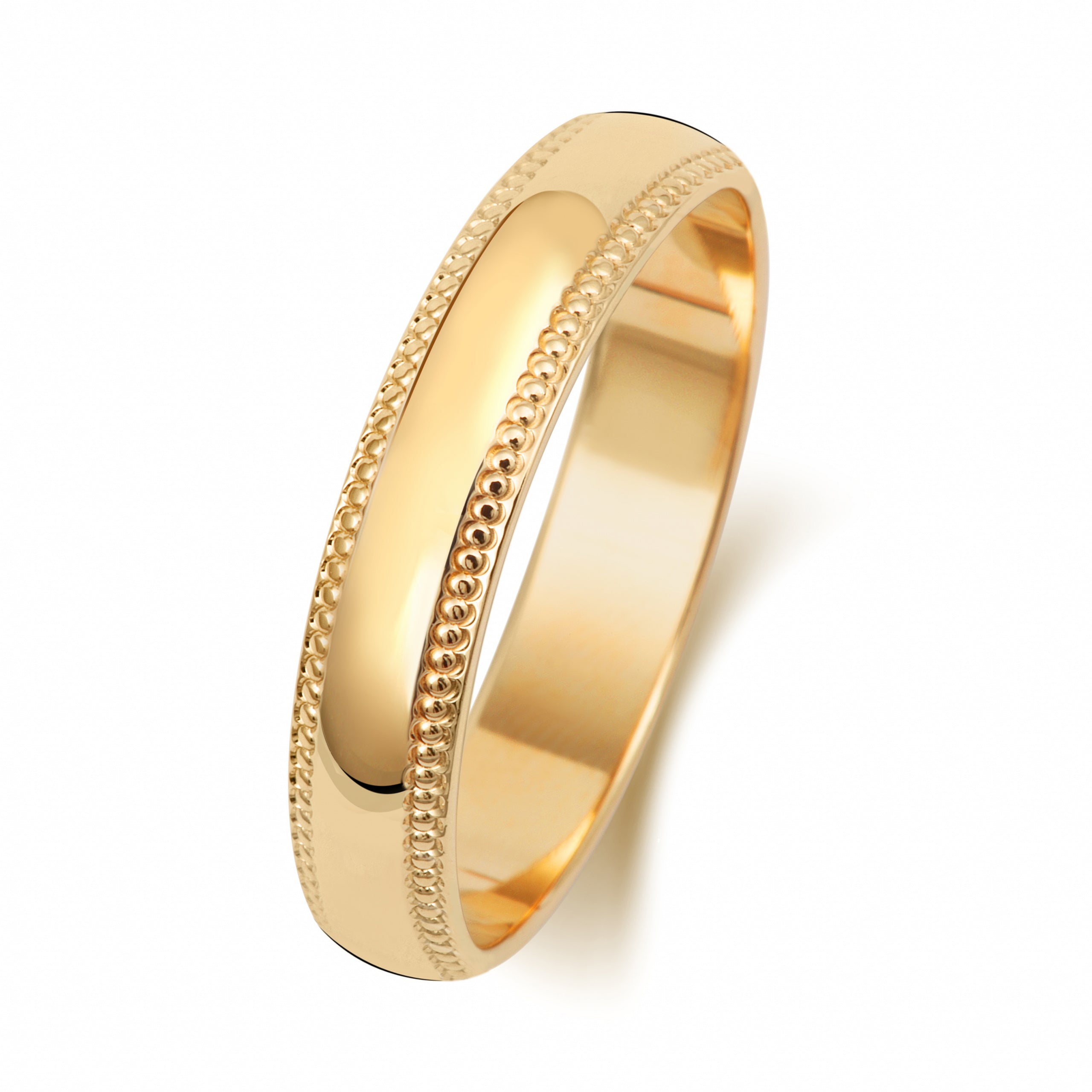 The 9CT GOLD 4MM D SHAPE MILLGRAIN EDGE WEDDING RING features a polished center with delicate beaded detailing along both edges, shown on a white background.