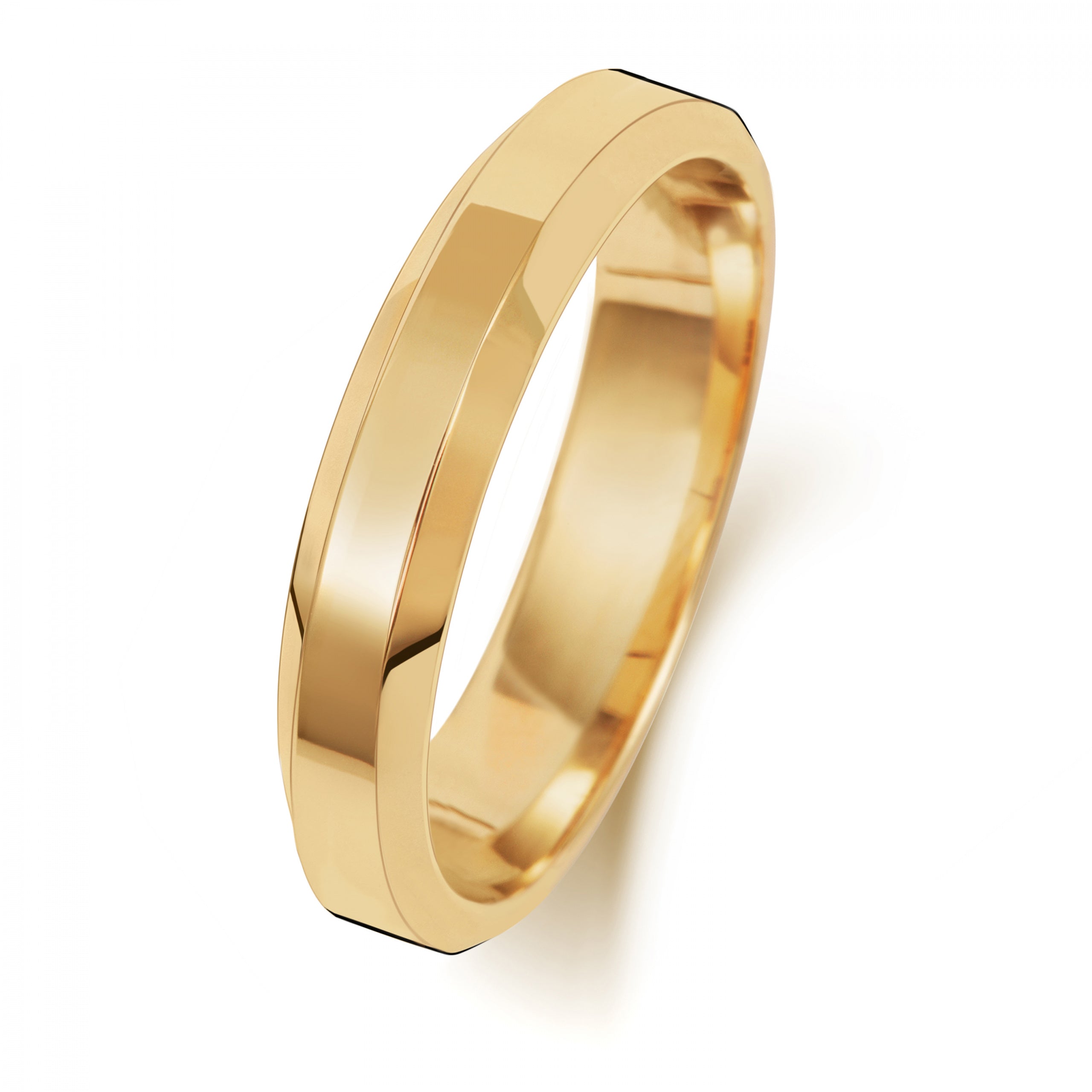 A 9CT GOLD 4MM SOFT COURT BEVELLED EDGE WEDDING RING with a polished finish and beveled edges, shown on a white background.