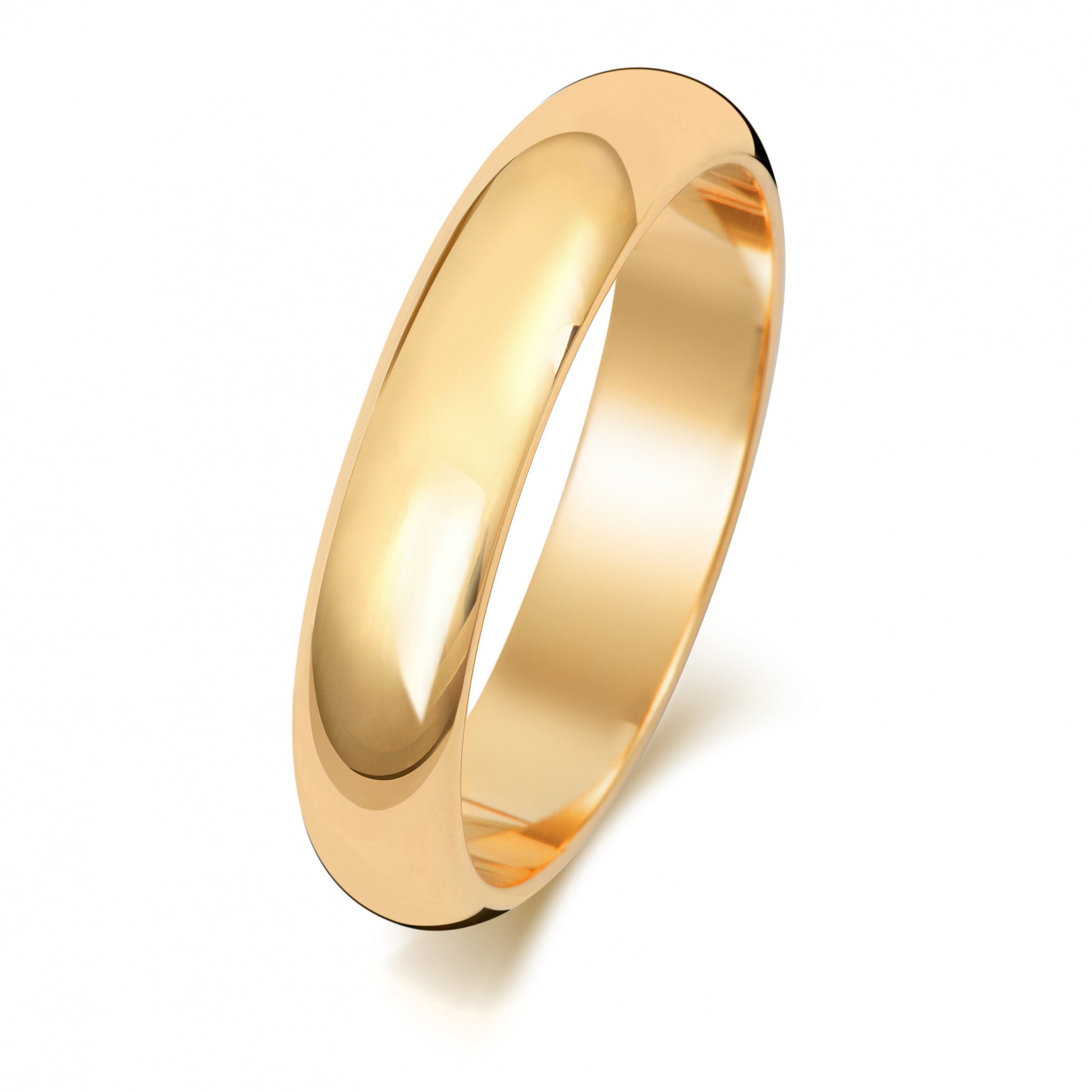 The 9CT GOLD 4MM D SHAPE WEDDING RING features a polished yellow gold finish and smooth, rounded surface. Presented on a white background, this classic ring offers timeless elegance with its 4mm width and traditional D shape.