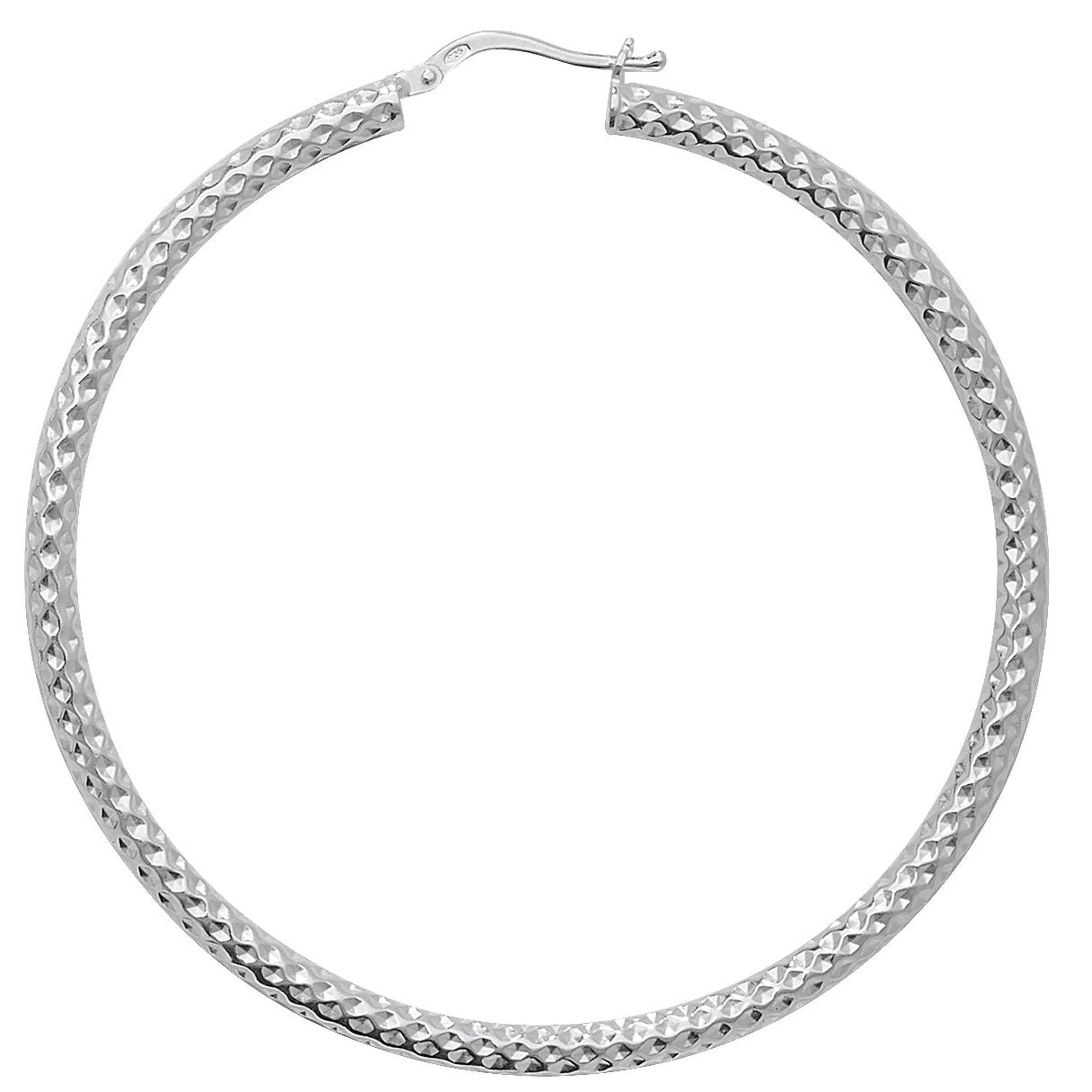 A STERLING SILVER 50MM DIMPLED CREOLE HOOP EARRING with a textured finish and hinged clasp is shown on a plain white background.