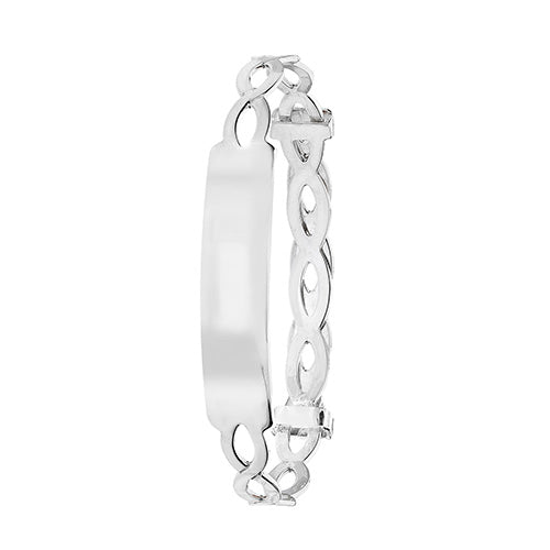 The STERLING SILVER CHILD EXPANDABLE BANGLE ELIPSE LINK STYLE features an elongated polished central plate and elipse-shaped interlocking links on both sides.