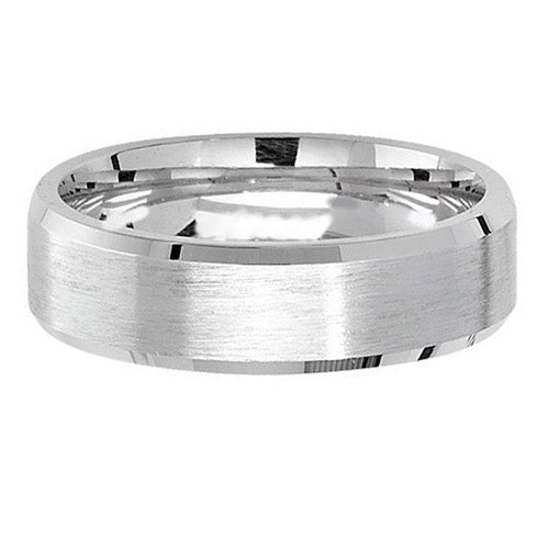 The STERLING SILVER 6MM SATIN FINISH WEDDING BAND BEVEL EDGE features a plain satin finish and polished bevel edge, displayed against a white background.