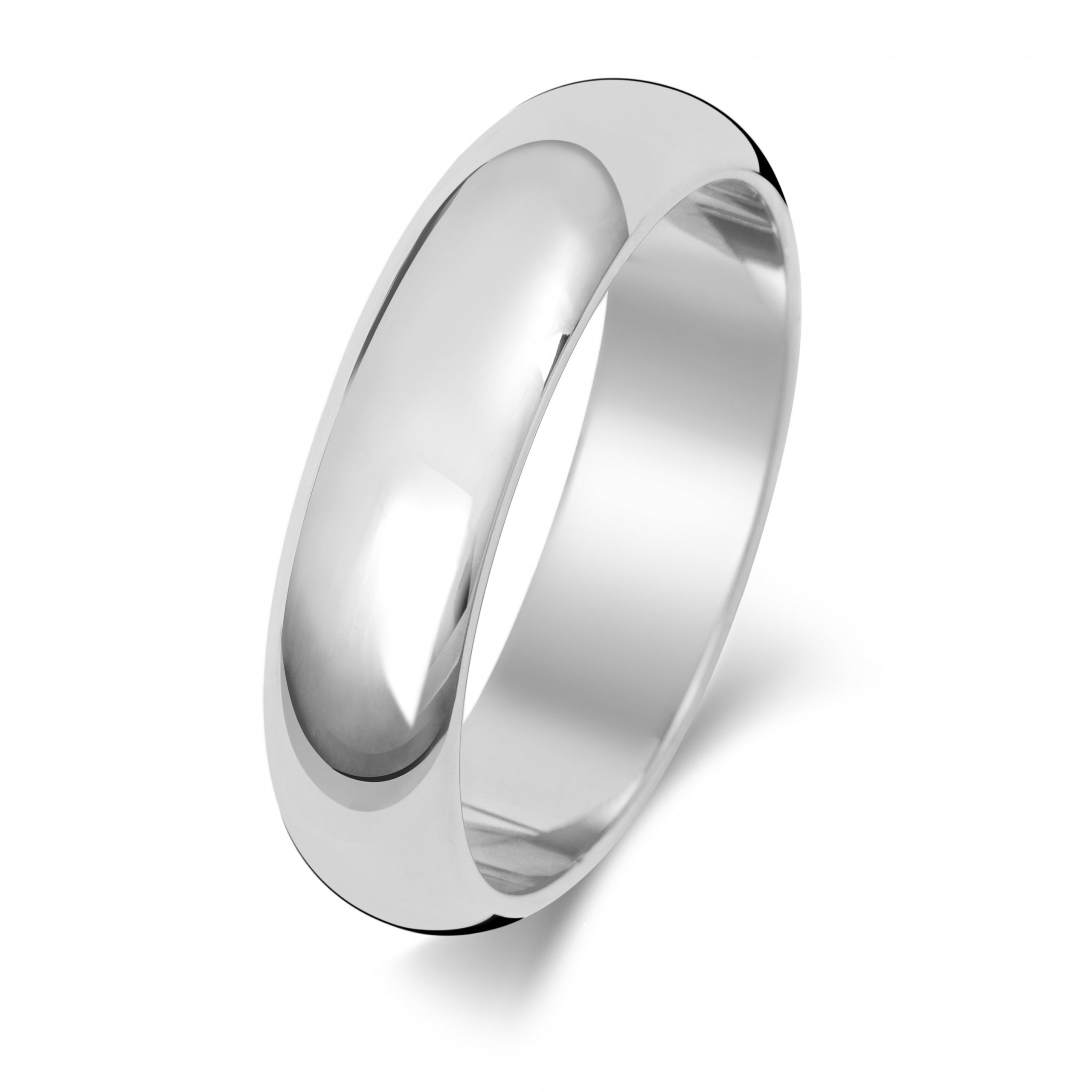 A 9CT white gold, 5mm D shape wedding ring is shown polished and plain on a white background.