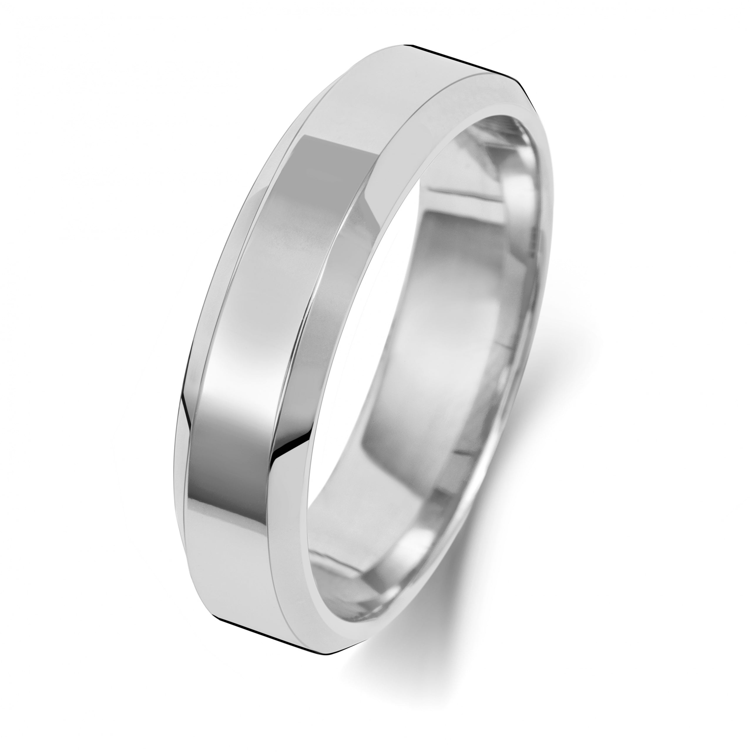 The 9CT White Gold 5mm Soft Court Bevelled Edge Wedding Ring features a polished finish and slightly beveled edges, offering elegant shine against a white background.