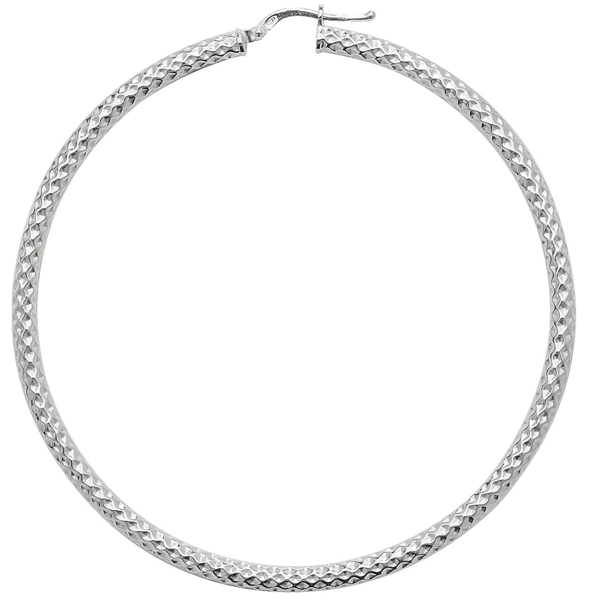 Pair this silver textured choker necklace with STERLING SILVER 60MM DIMPLED CREOLE HOOP EARRINGS for a coordinated, elegant look. The choker features a diamond-patterned surface and clasp closure.
