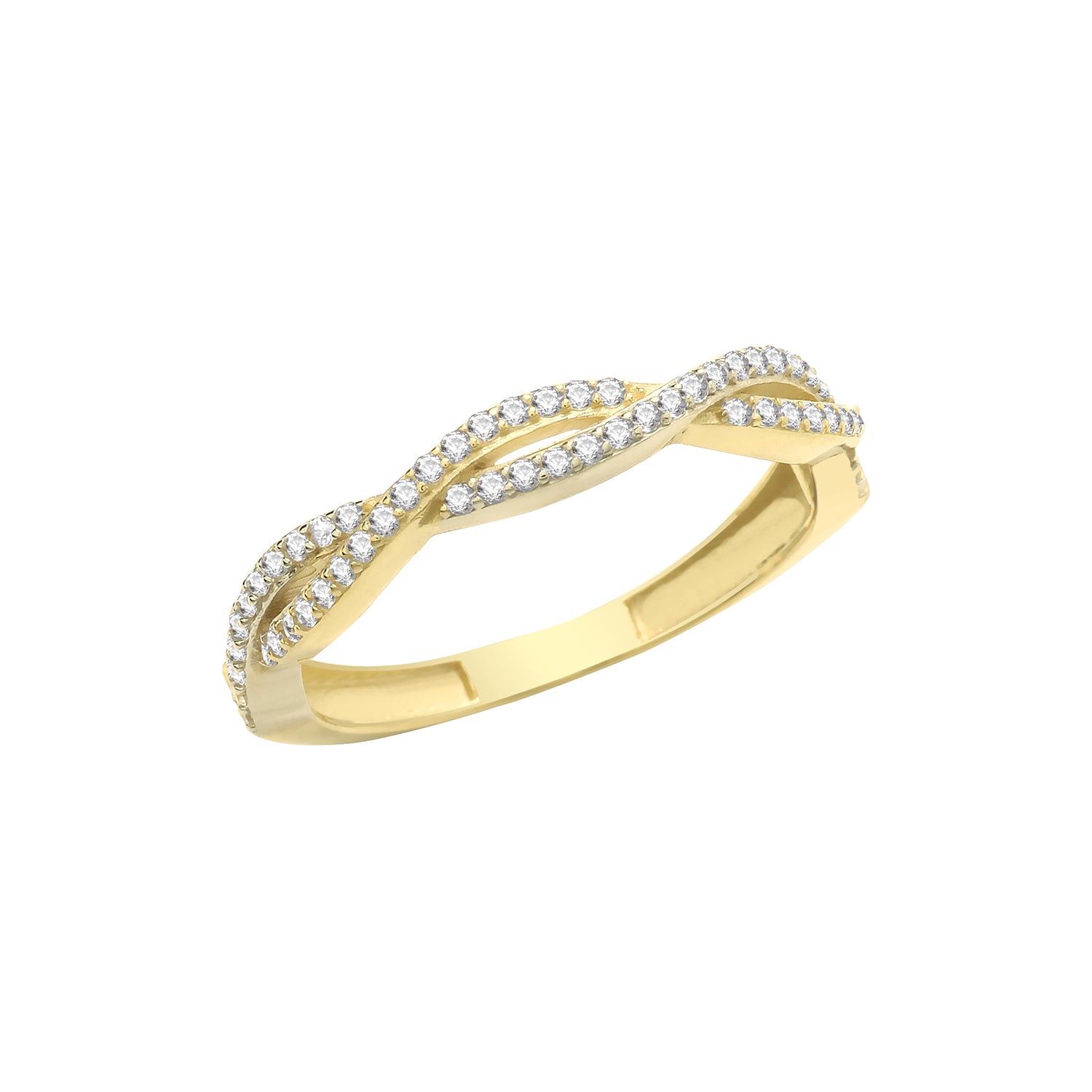 A 9ct yellow gold ladies twist band ring featuring sparkling cubic zirconia set along its elegant twisted design.