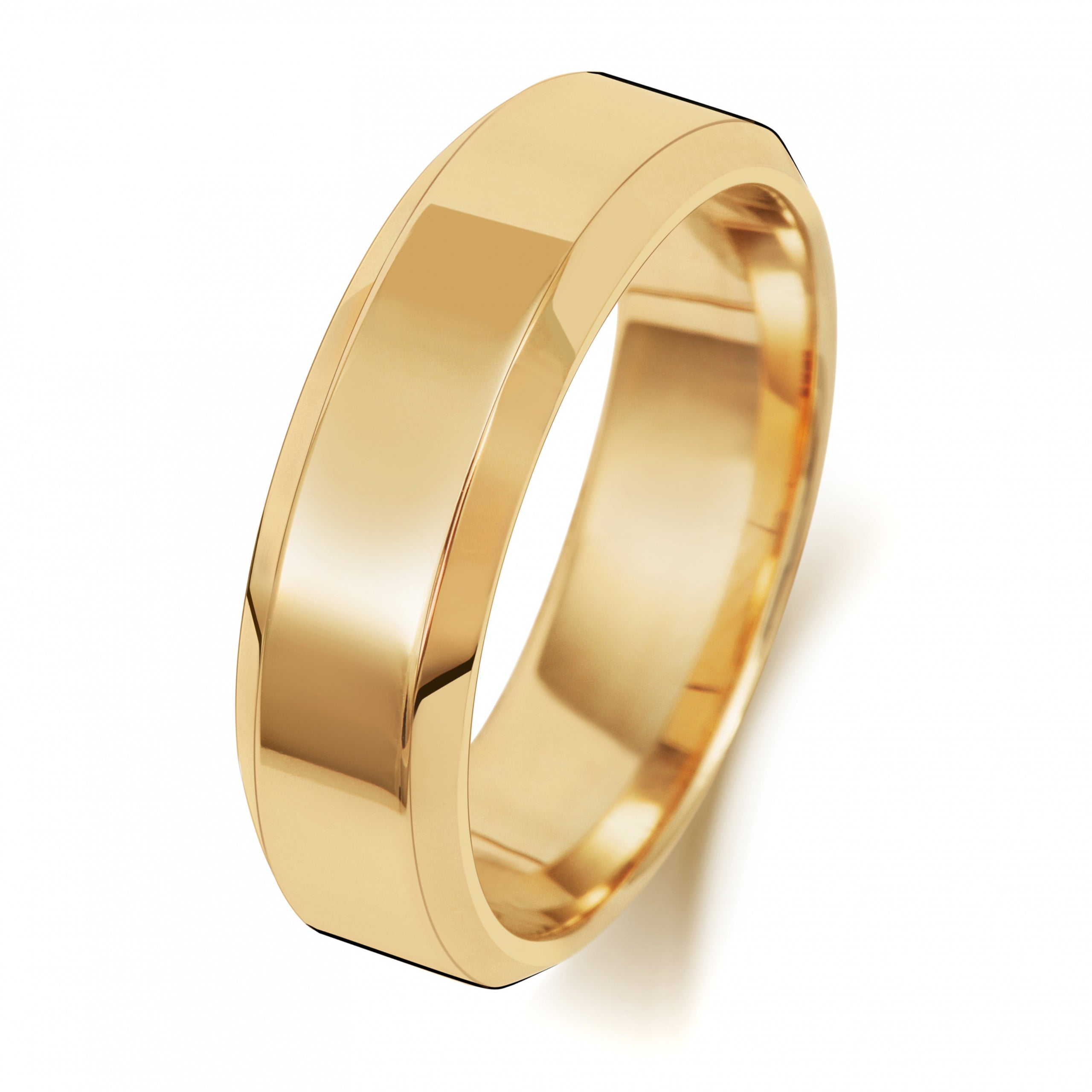 The 9CT GOLD 6MM BEVELLED EDGE WEDDING RING is crafted in yellow gold with a polished finish and classic simplicity, showcased against a white background.