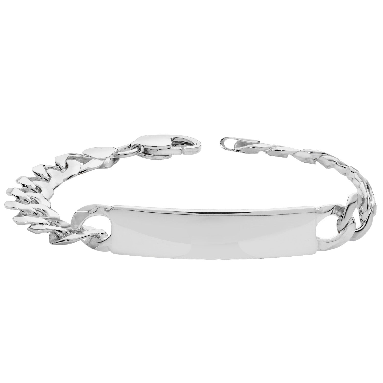 The STERLING SILVER GENTS CURB ID BCT is a men's bracelet with an engraveable rectangular nameplate and a secure lobster clasp.