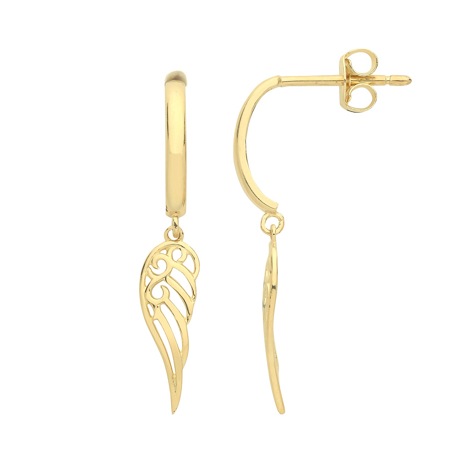 9CT GOLD ANGEL WING DROP EARRINGS—crafted in 9ct yellow gold with dangling angel wing charms—are displayed from front and side angles on a white background.