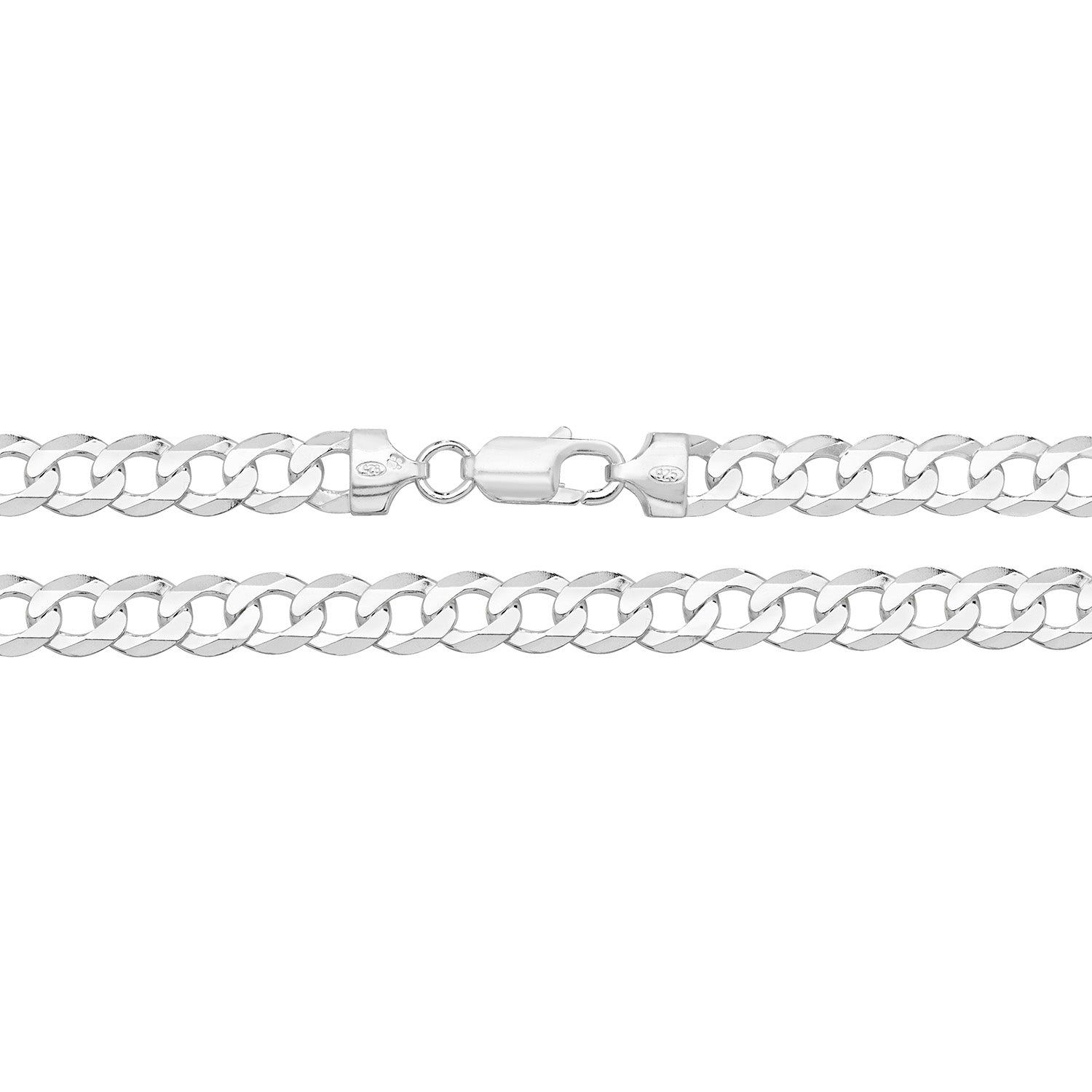 The STERLING SILVER FLAT CURB CHAIN 20", 8mm wide with a lobster clasp, is displayed against a white background.